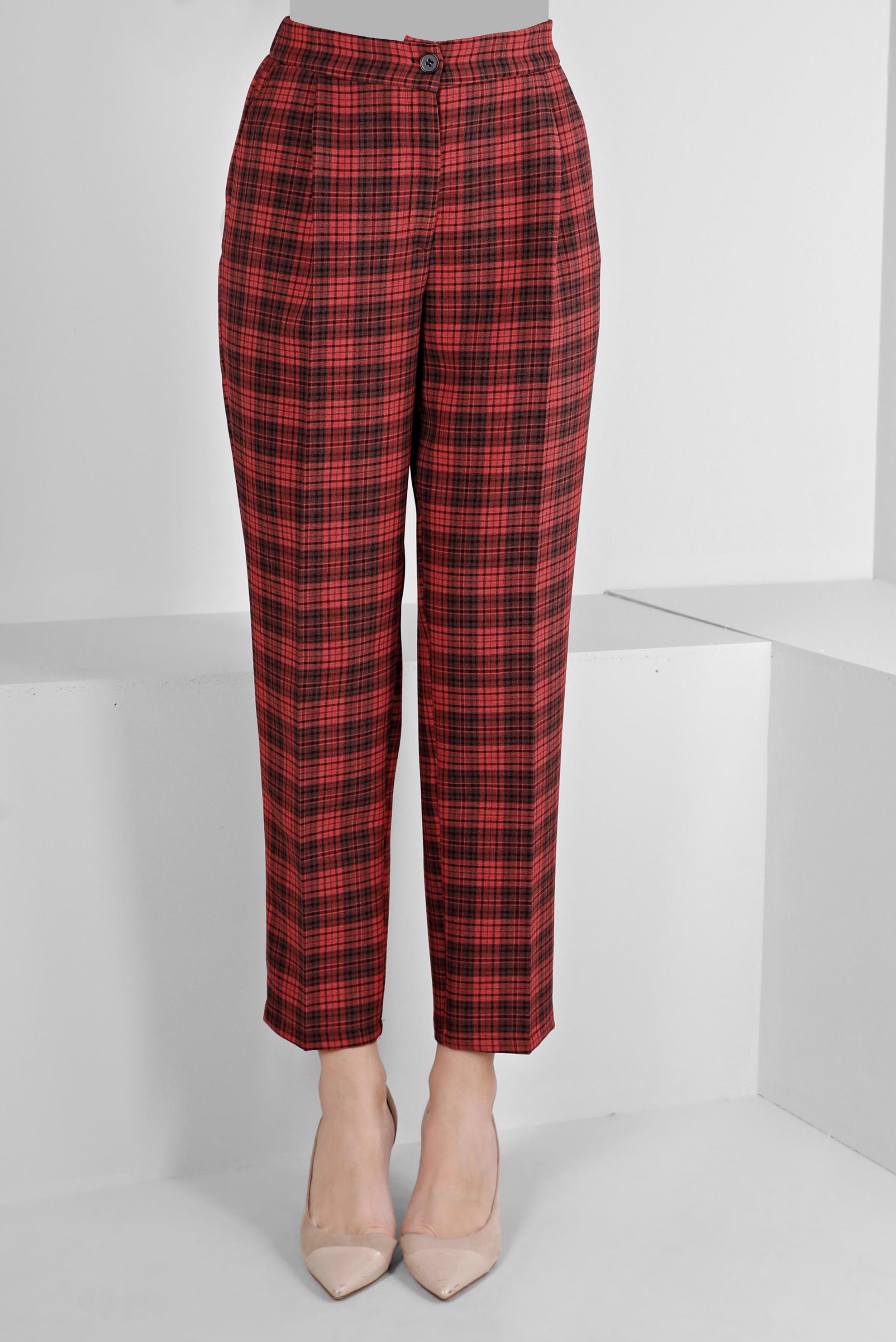 Tesettür giyim KIRMIZI EKOSE DESENLİ PANTOLON 70476