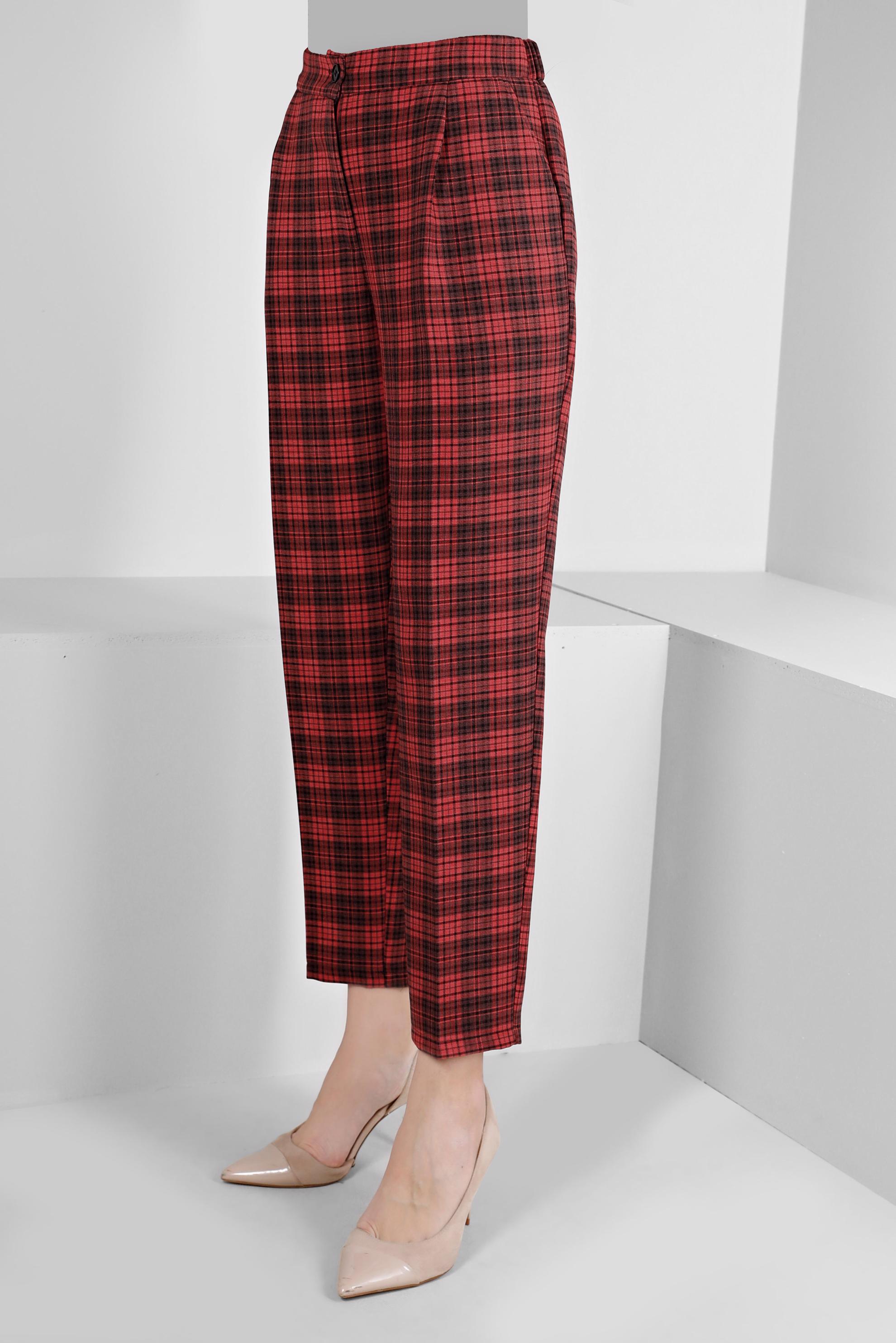 Tesettür giyim KIRMIZI EKOSE DESENLİ PANTOLON 70476