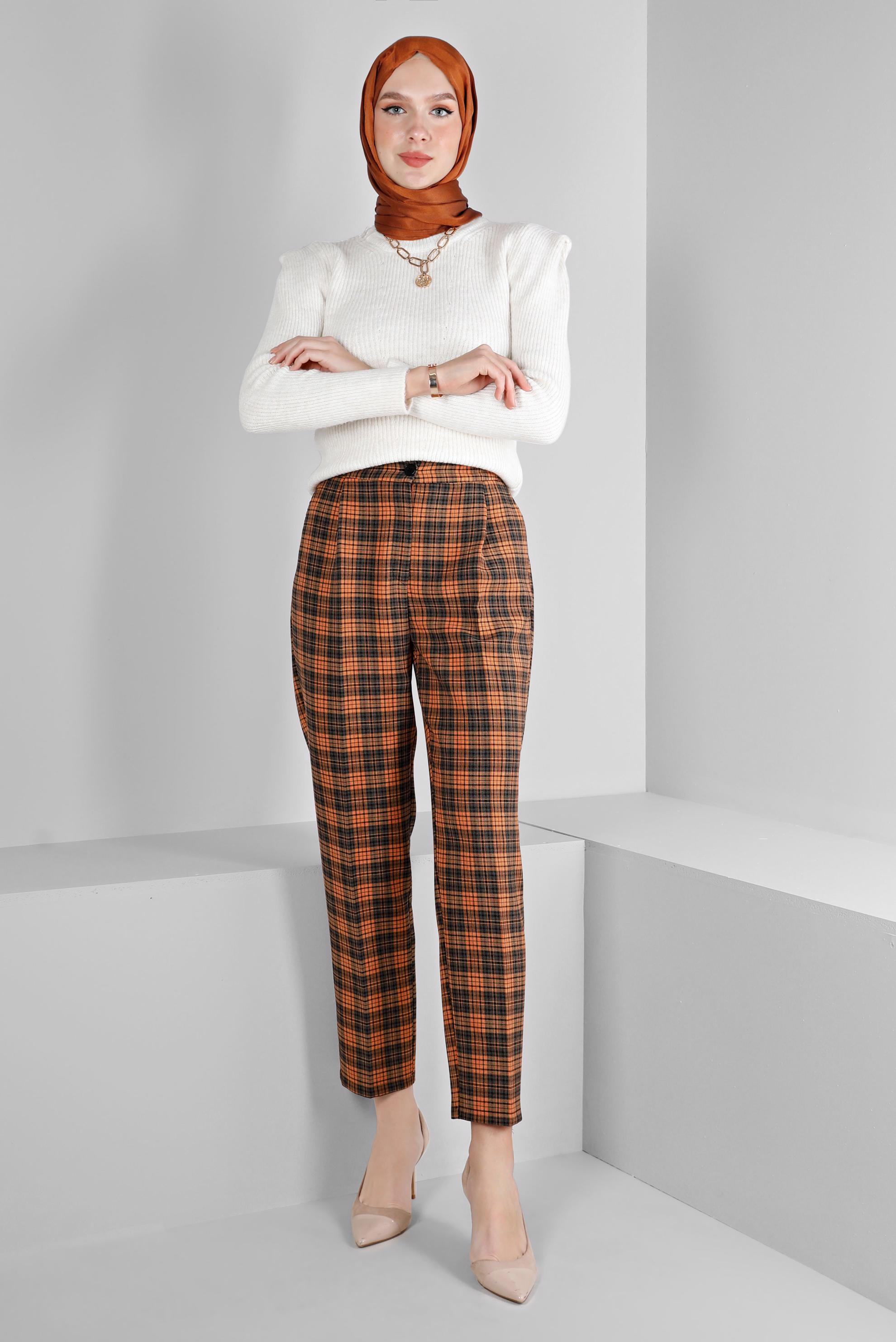 Vêtements hijab ORANGE PANTALON MOTIF CARREAUX 70476