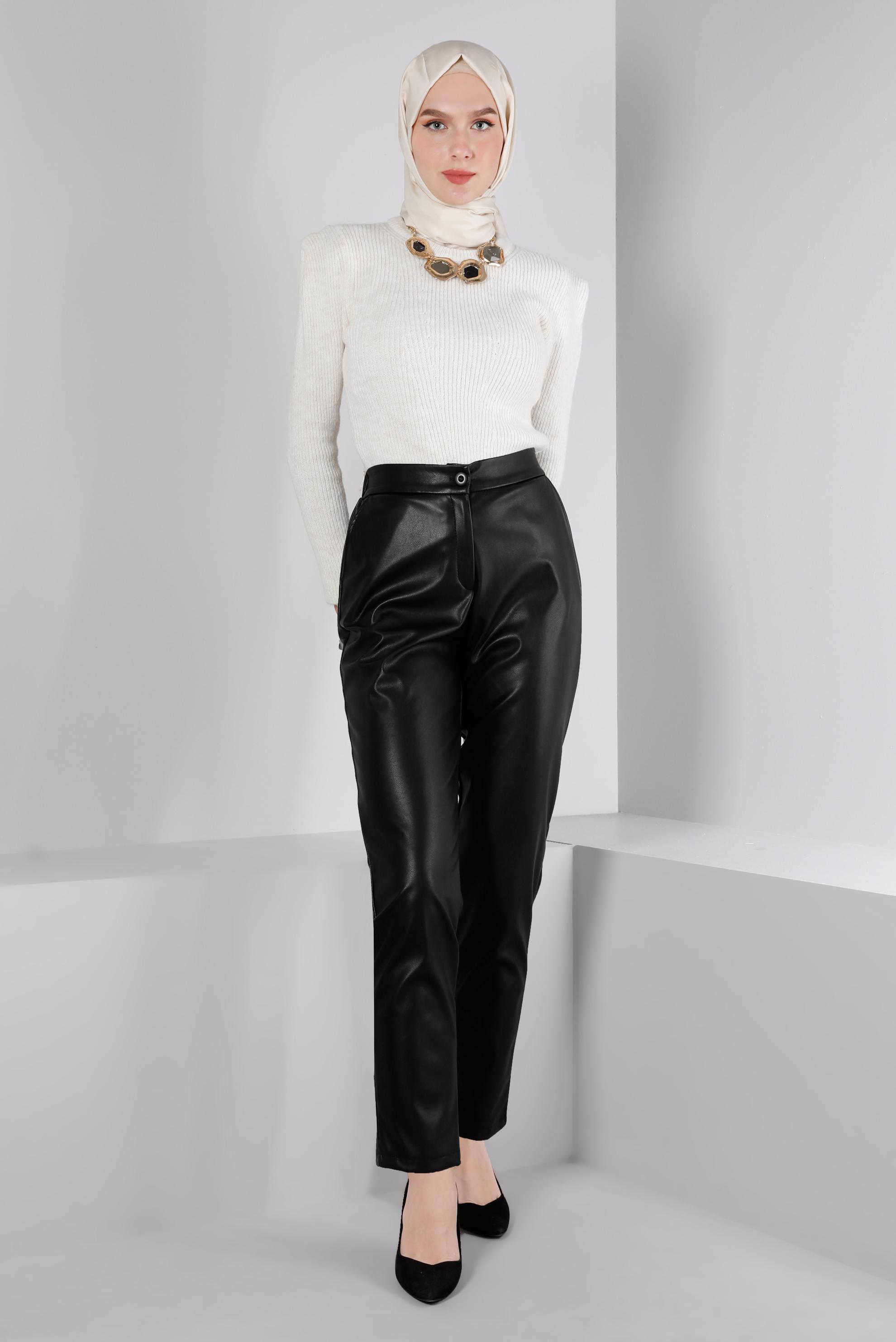 Vêtements hijab NOIR PANTALON SIMILI CUIR BOUTONS 70480