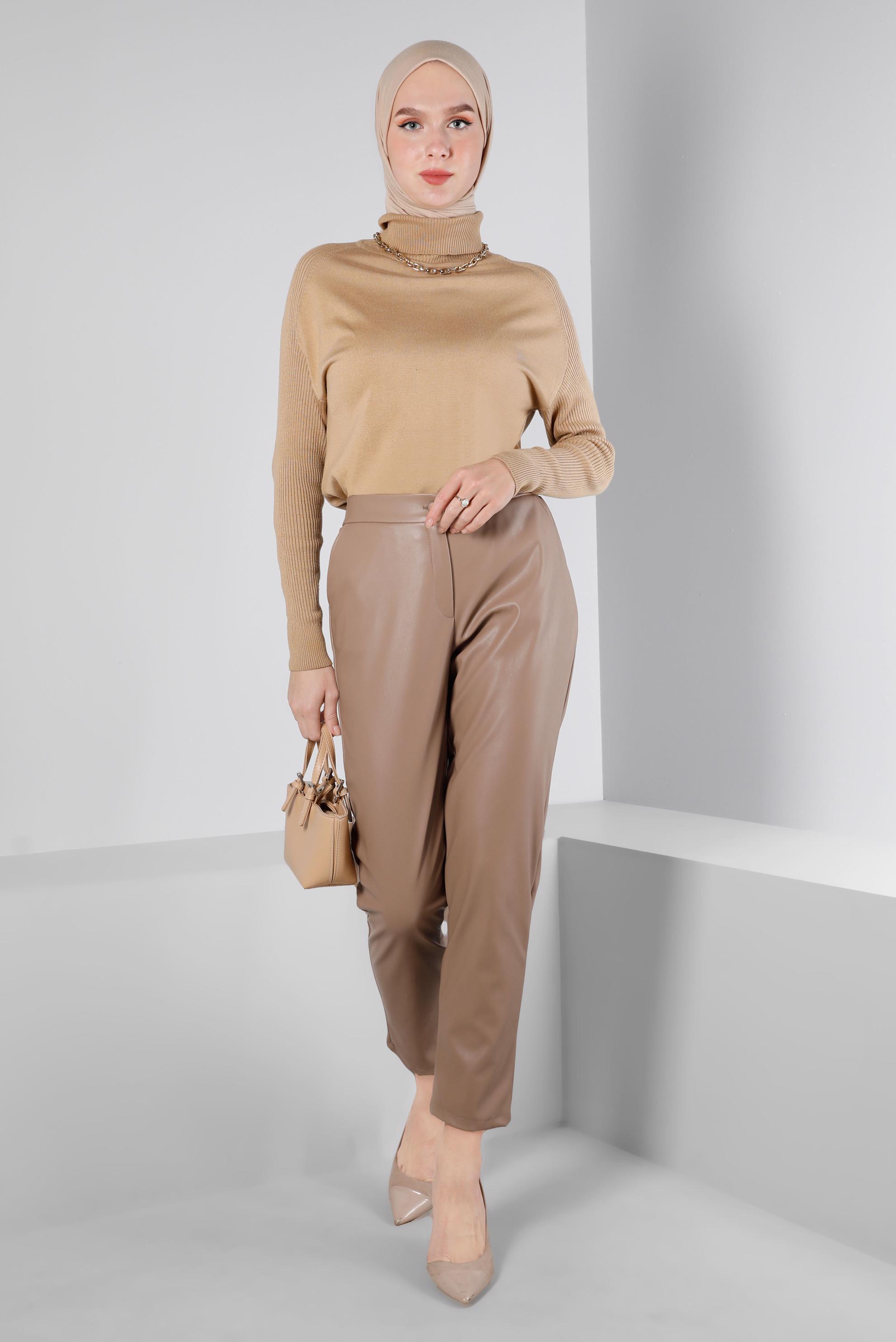 Tesettür giyim KAHVE DÜĞMELİ DERİ PANTOLON 70480 