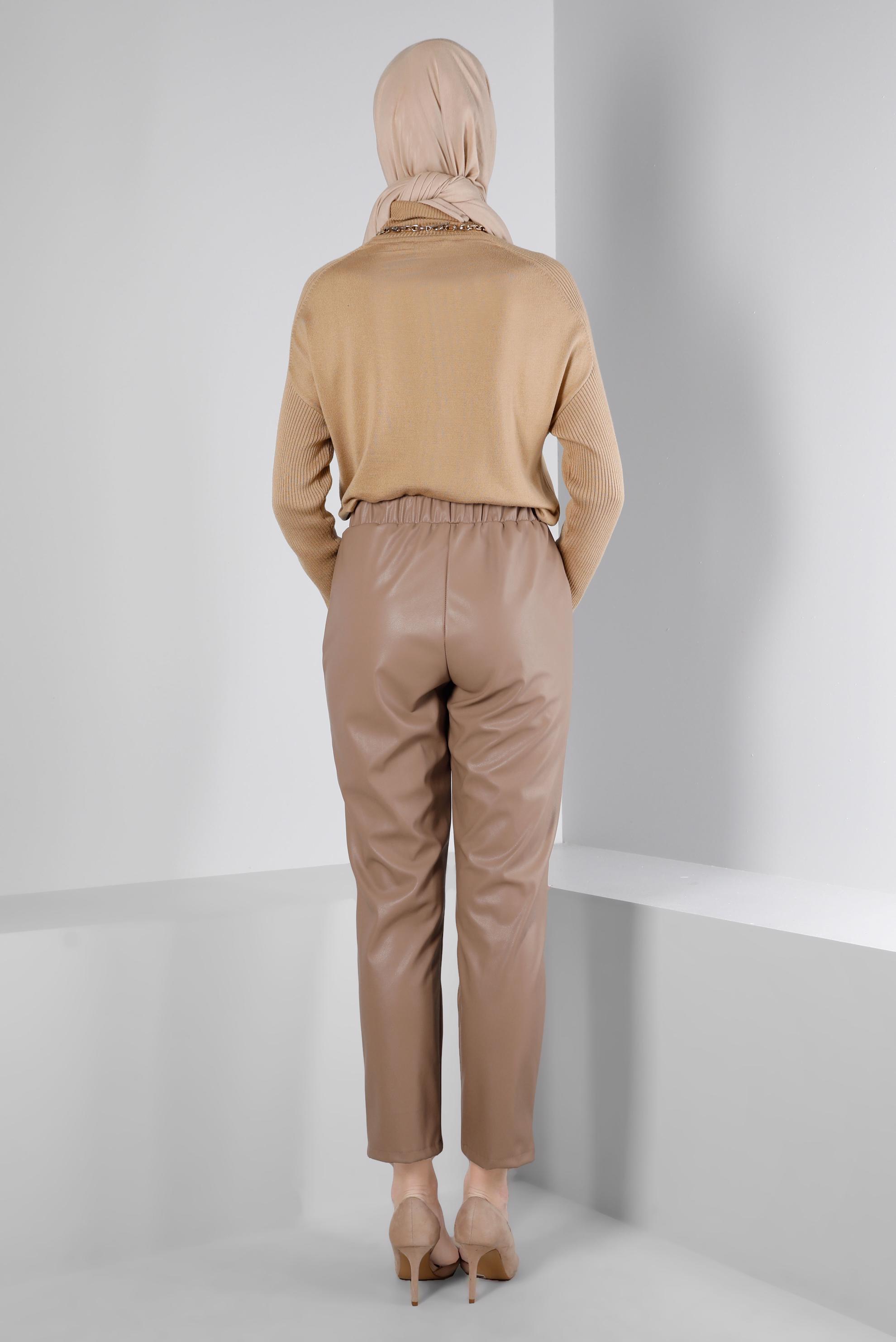 Tesettür giyim KAHVE DÜĞMELİ DERİ PANTOLON 70480 