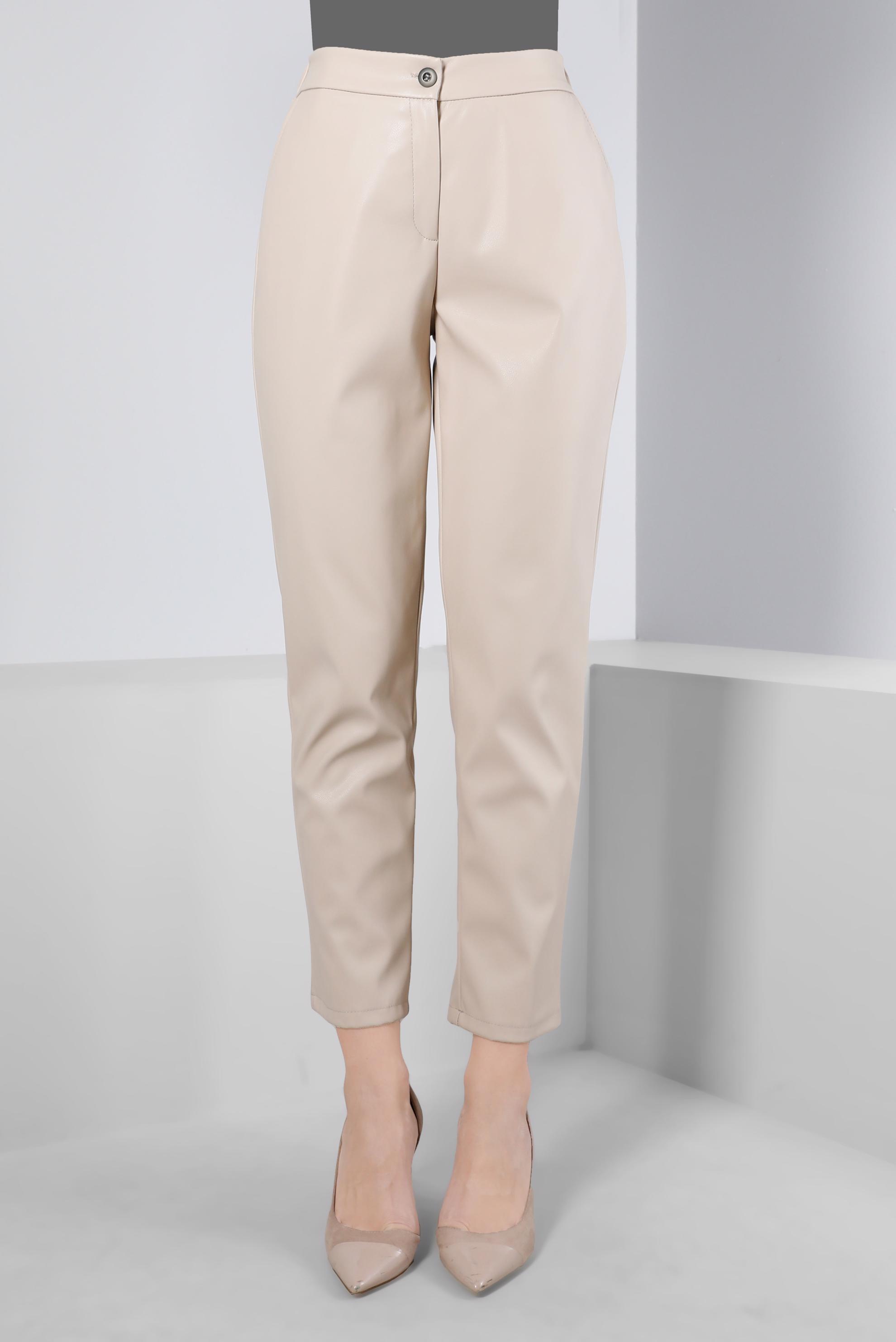 Tesettür giyim BEJ DÜĞMELİ DERİ PANTOLON 70480 