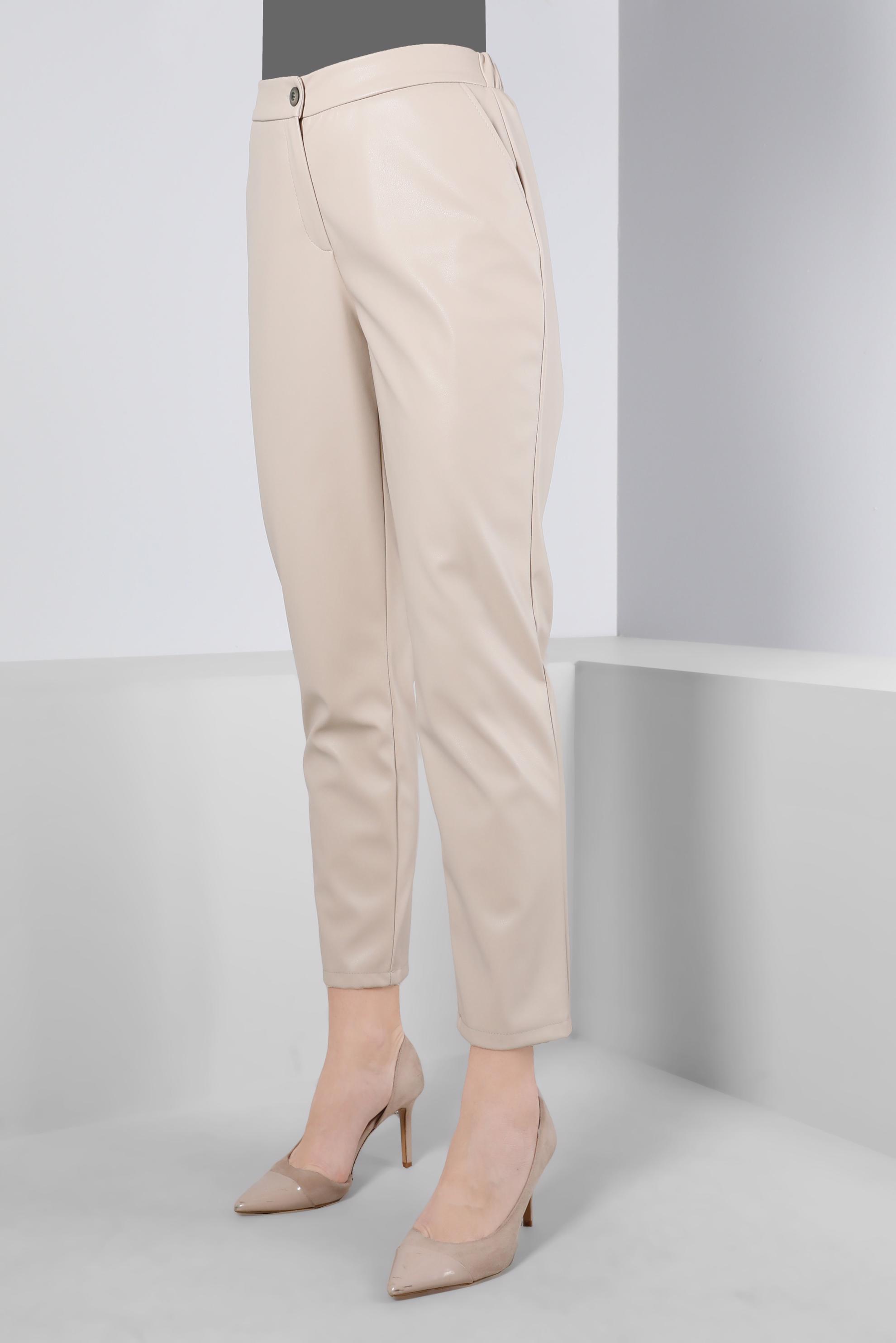 Tesettür giyim BEJ DÜĞMELİ DERİ PANTOLON 70480 