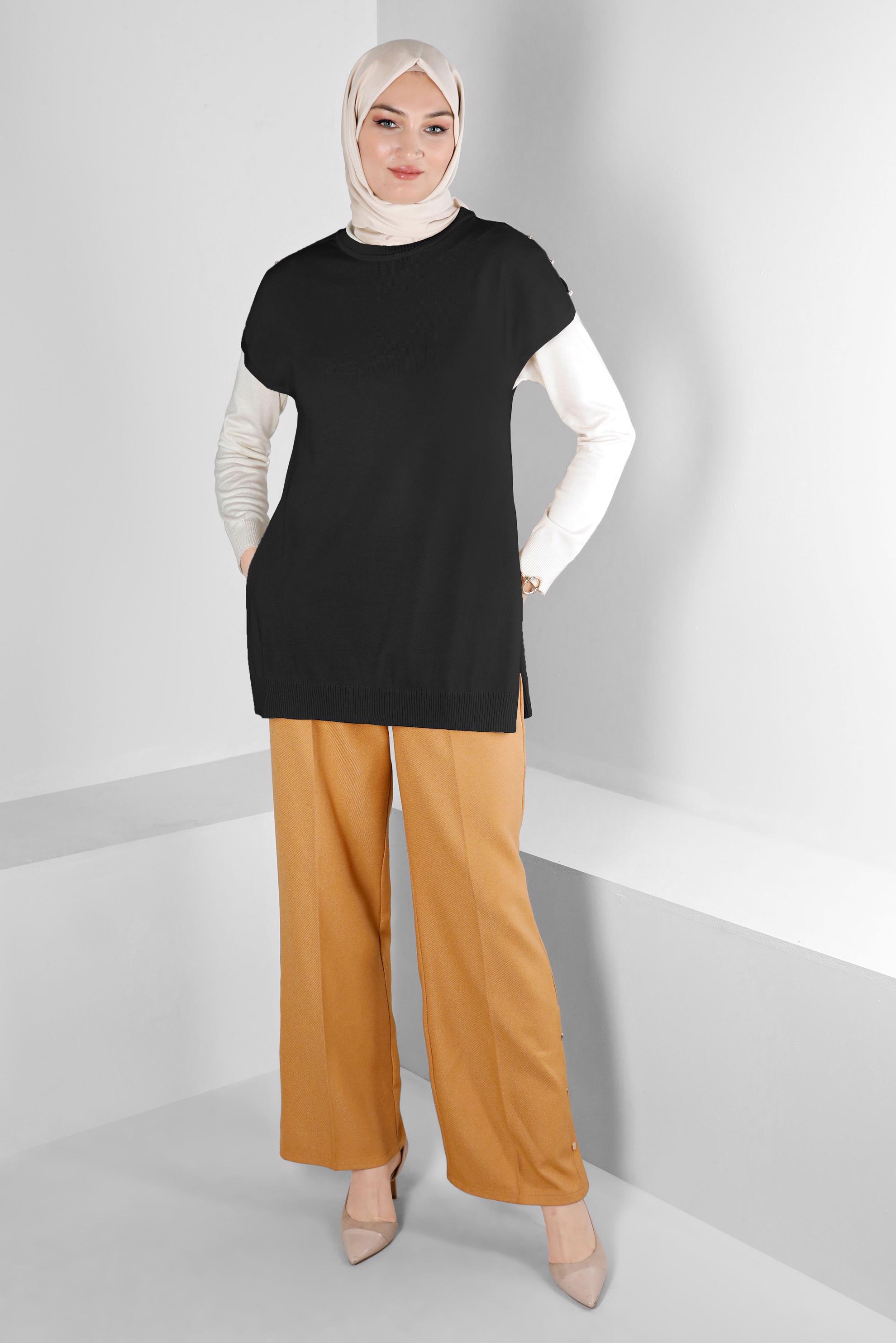 Tesettür giyim SİYAH DÜĞME DETAYLI TRİKO PANÇO 43125