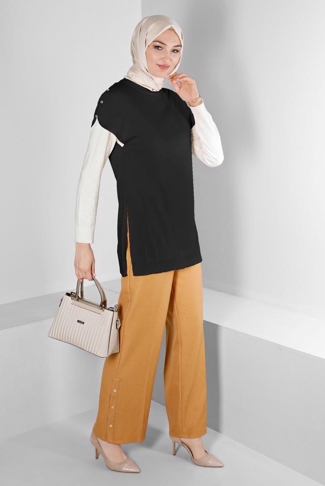 Tesettür giyim SİYAH DÜĞME DETAYLI TRİKO PANÇO 43125 - ALVİNA