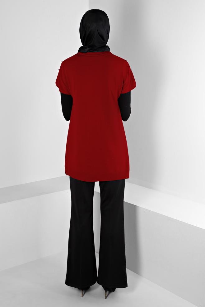 Tesettür giyim KIRMIZI DÜĞME DETAYLI TRİKO PANÇO 43125 - ALVİNA
