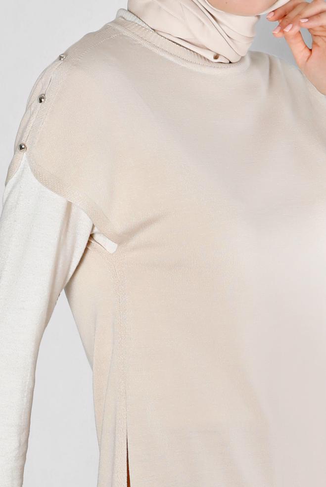 Tesettür giyim BEJ DÜĞME DETAYLI TRİKO PANÇO 43125 - ALVİNA