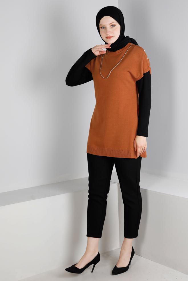 Tesettür giyim TURUNCU DÜĞME DETAYLI TRİKO PANÇO 43125 - ALVİNA
