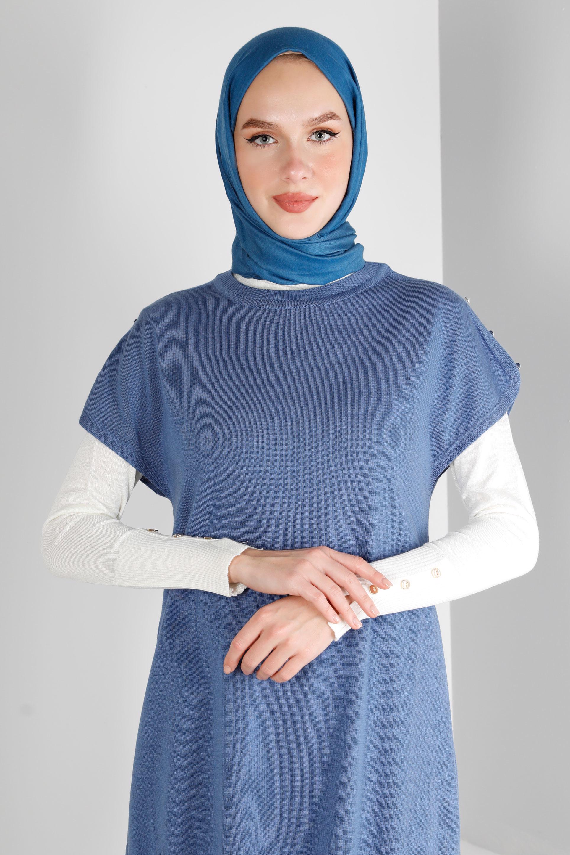 Vêtements hijab BLEU TUNIQUE EN MAILLE AVEC BOUTONS 43125