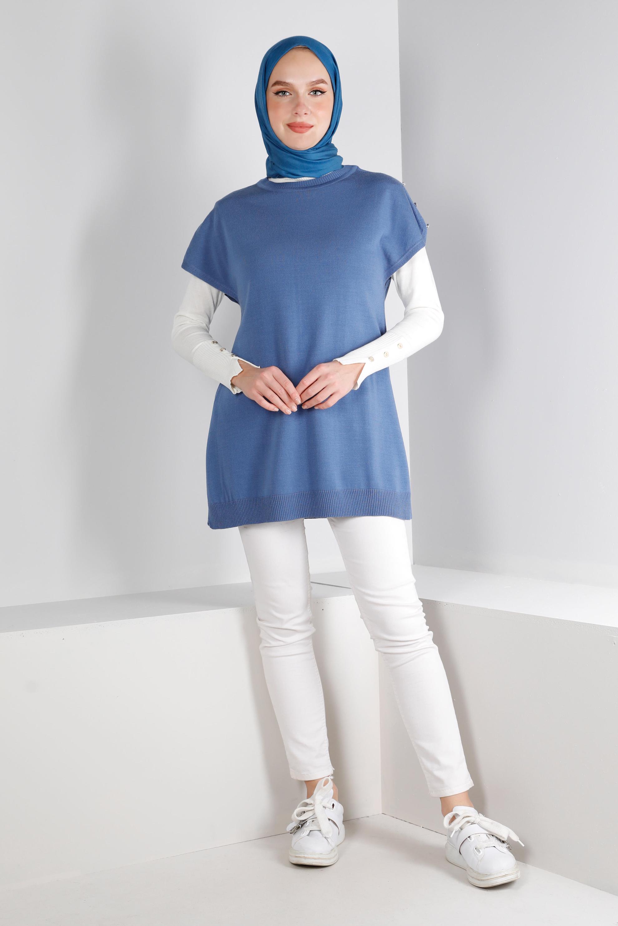 Vêtements hijab BLEU TUNIQUE EN MAILLE AVEC BOUTONS 43125