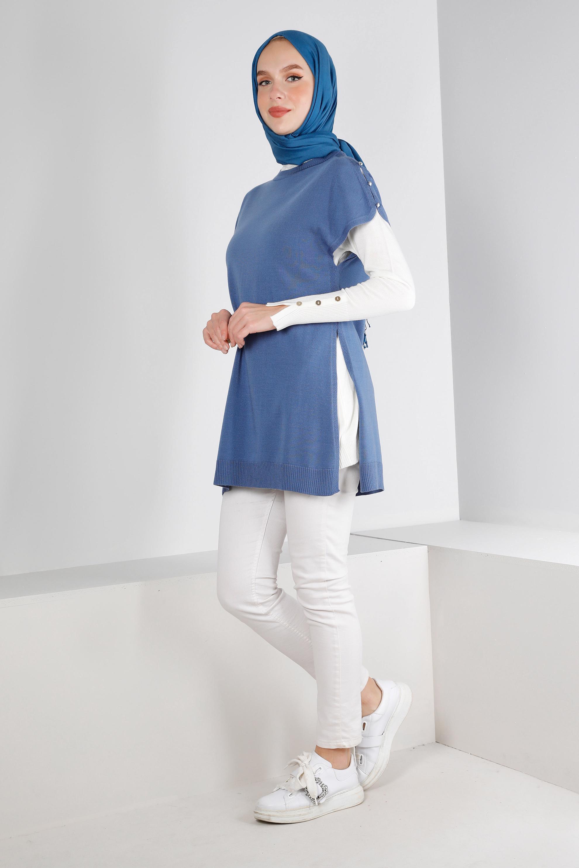 Vêtements hijab BLEU TUNIQUE EN MAILLE AVEC BOUTONS 43125