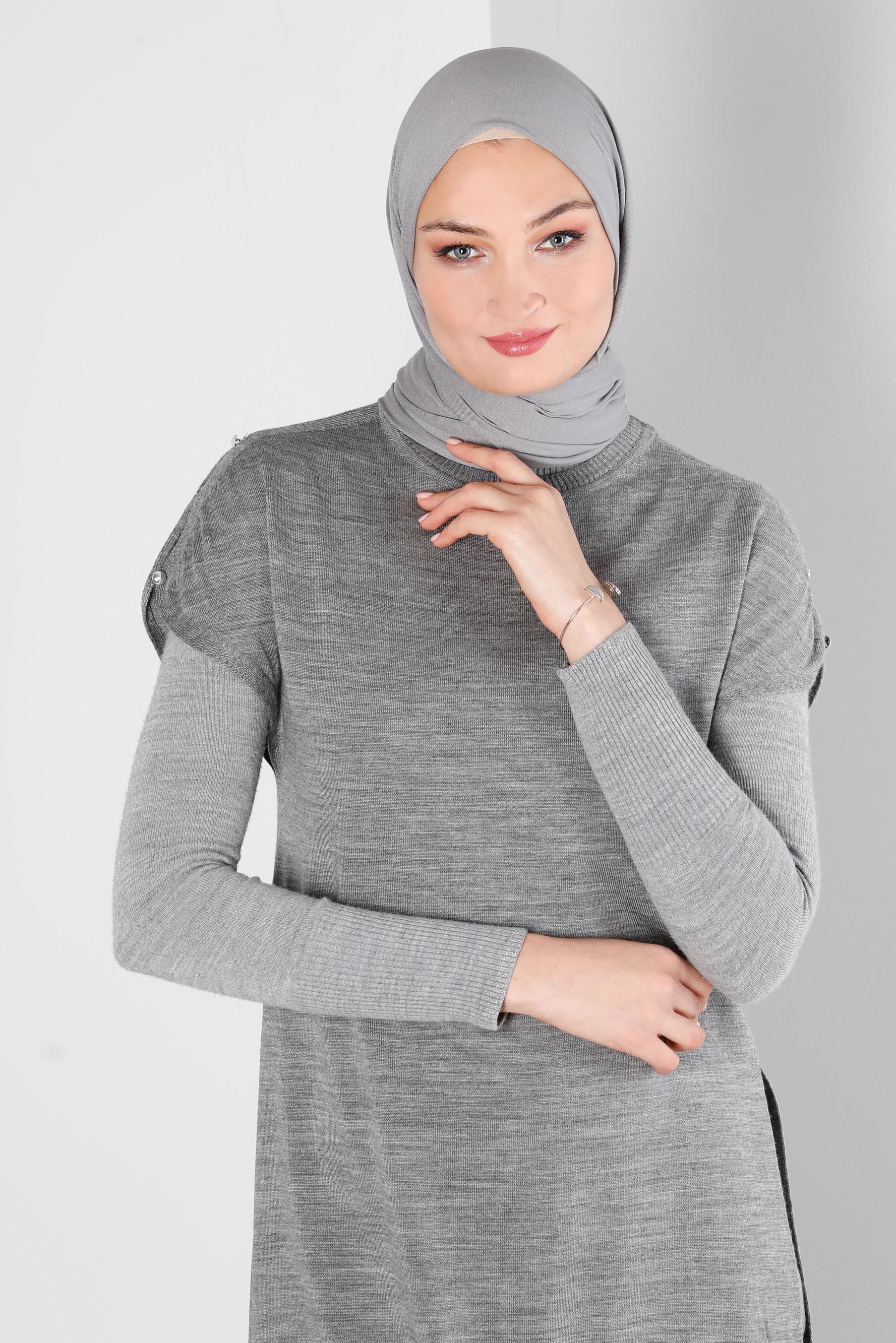 Vêtements hijab GRIS TUNIQUE EN MAILLE AVEC BOUTONS 43125