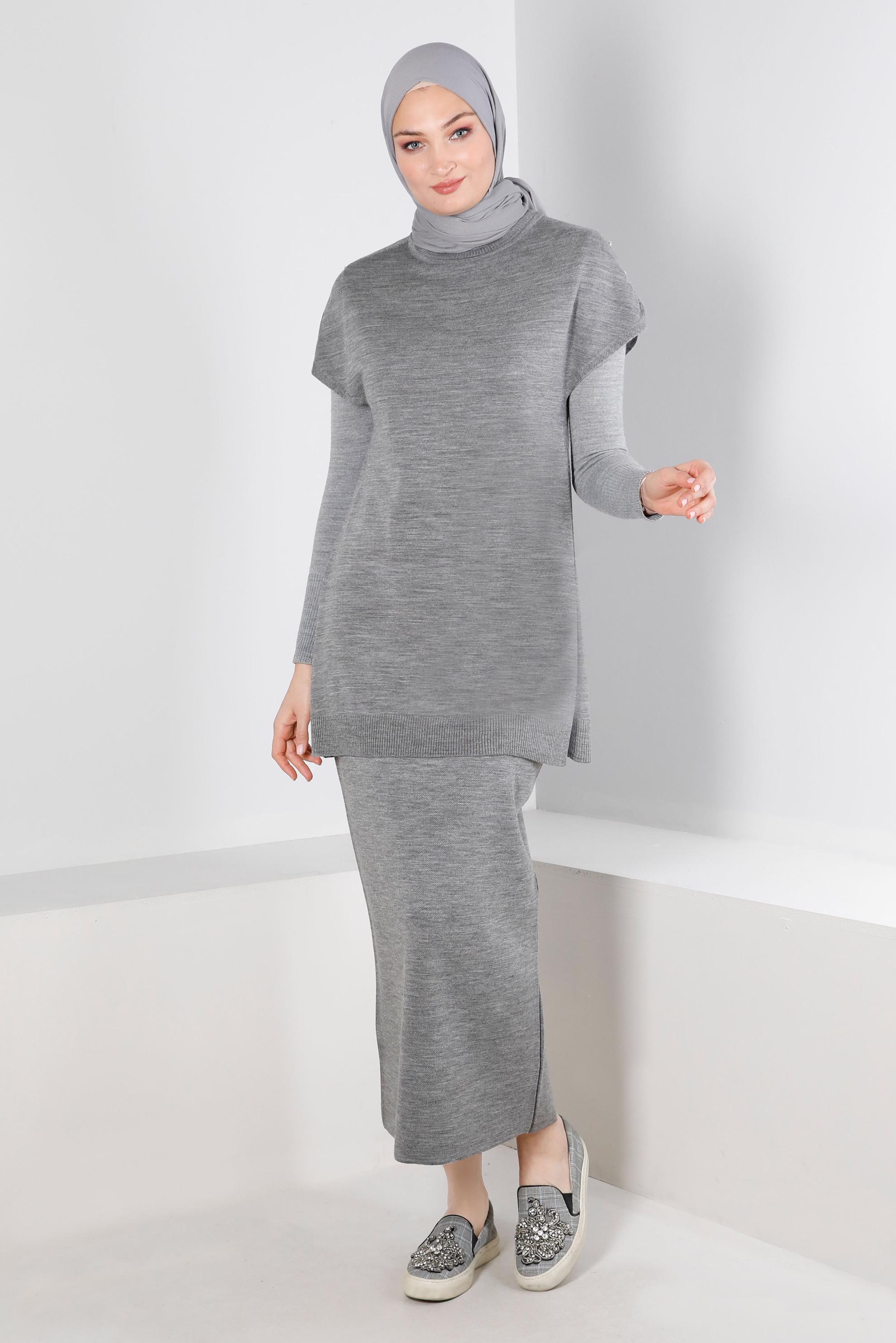 Vêtements hijab GRIS TUNIQUE EN MAILLE AVEC BOUTONS 43125