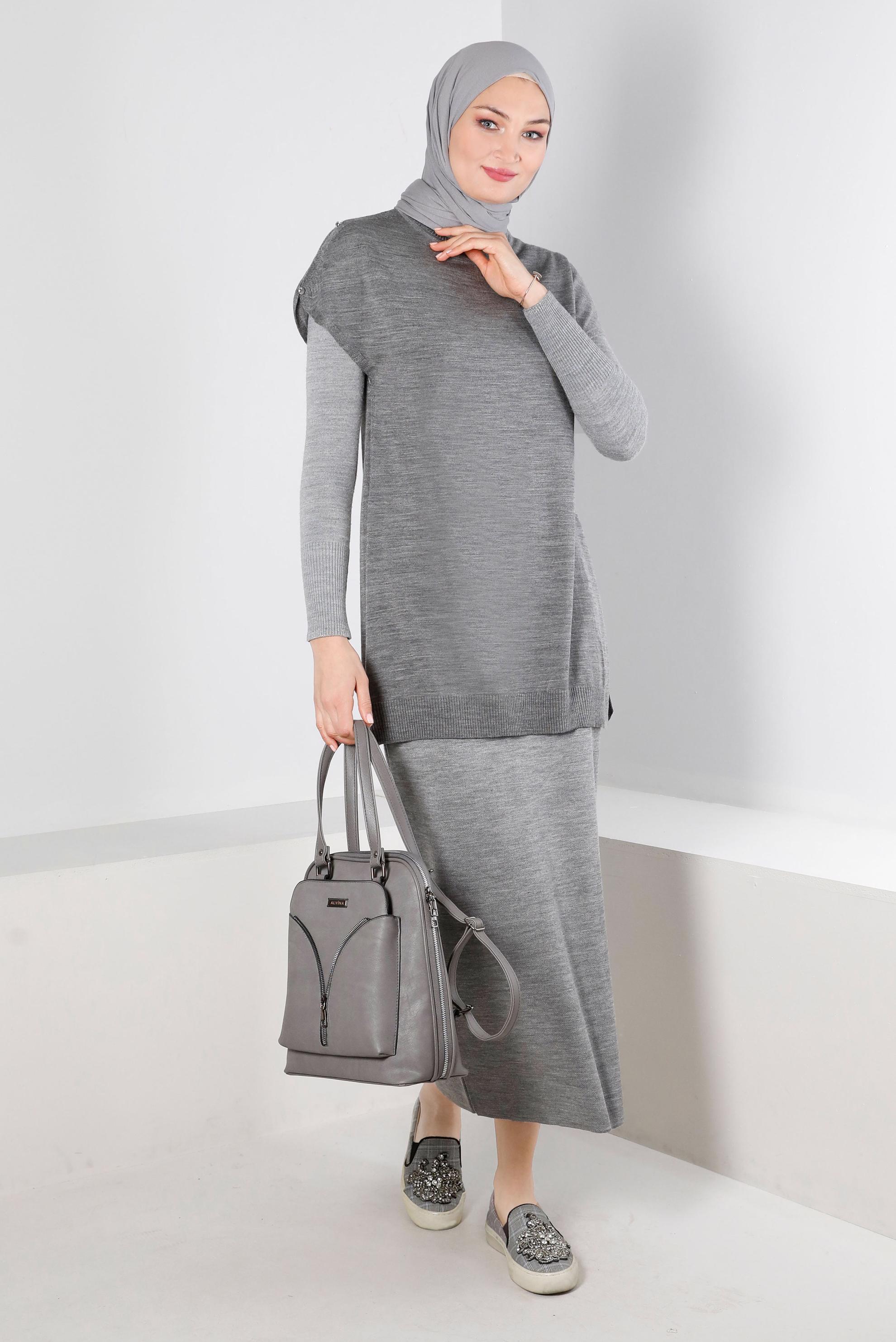 Vêtements hijab GRIS TUNIQUE EN MAILLE AVEC BOUTONS 43125