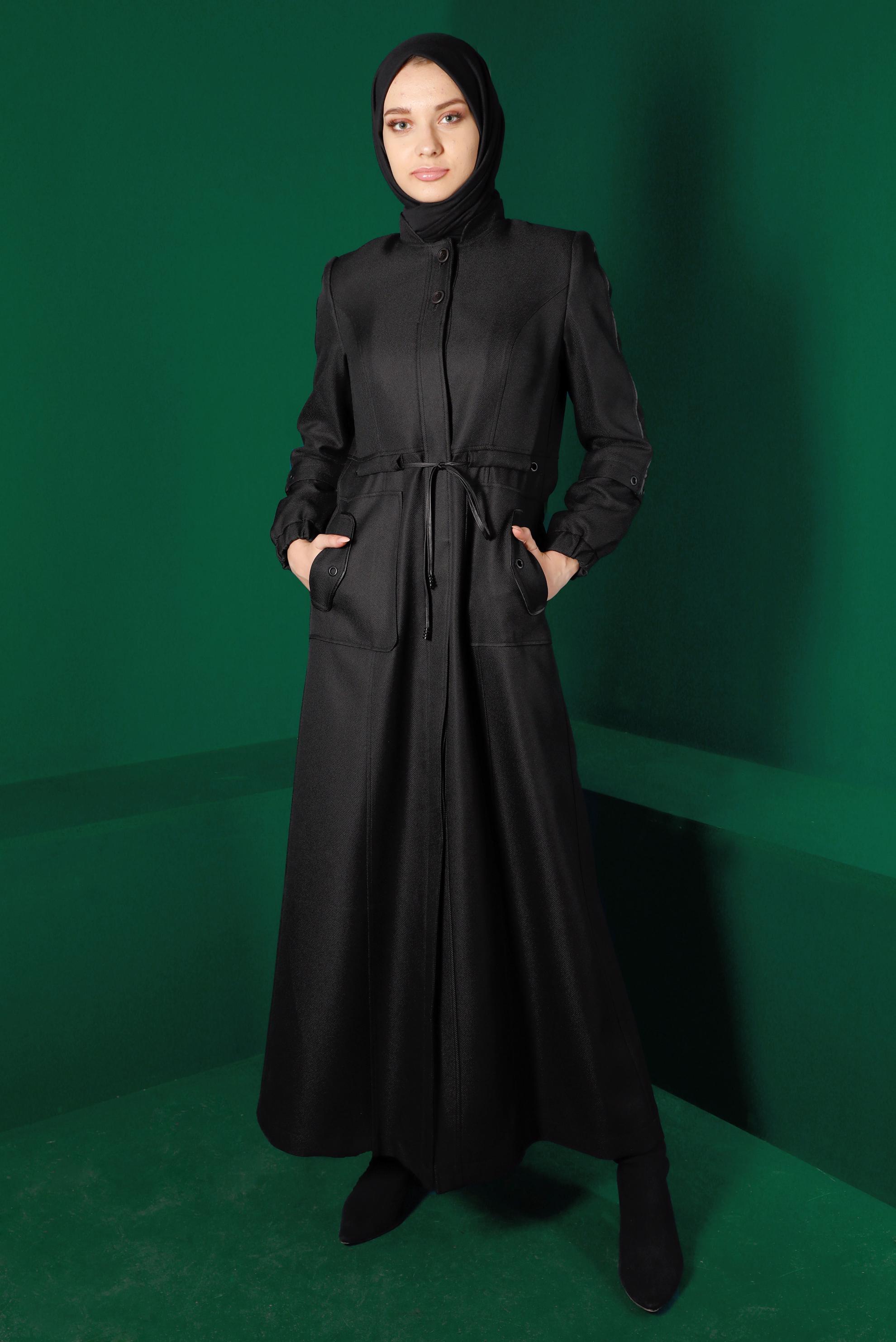 Tesettür giyim SİYAH BELİ BÜZGÜLÜ PARDESÜ 10495 