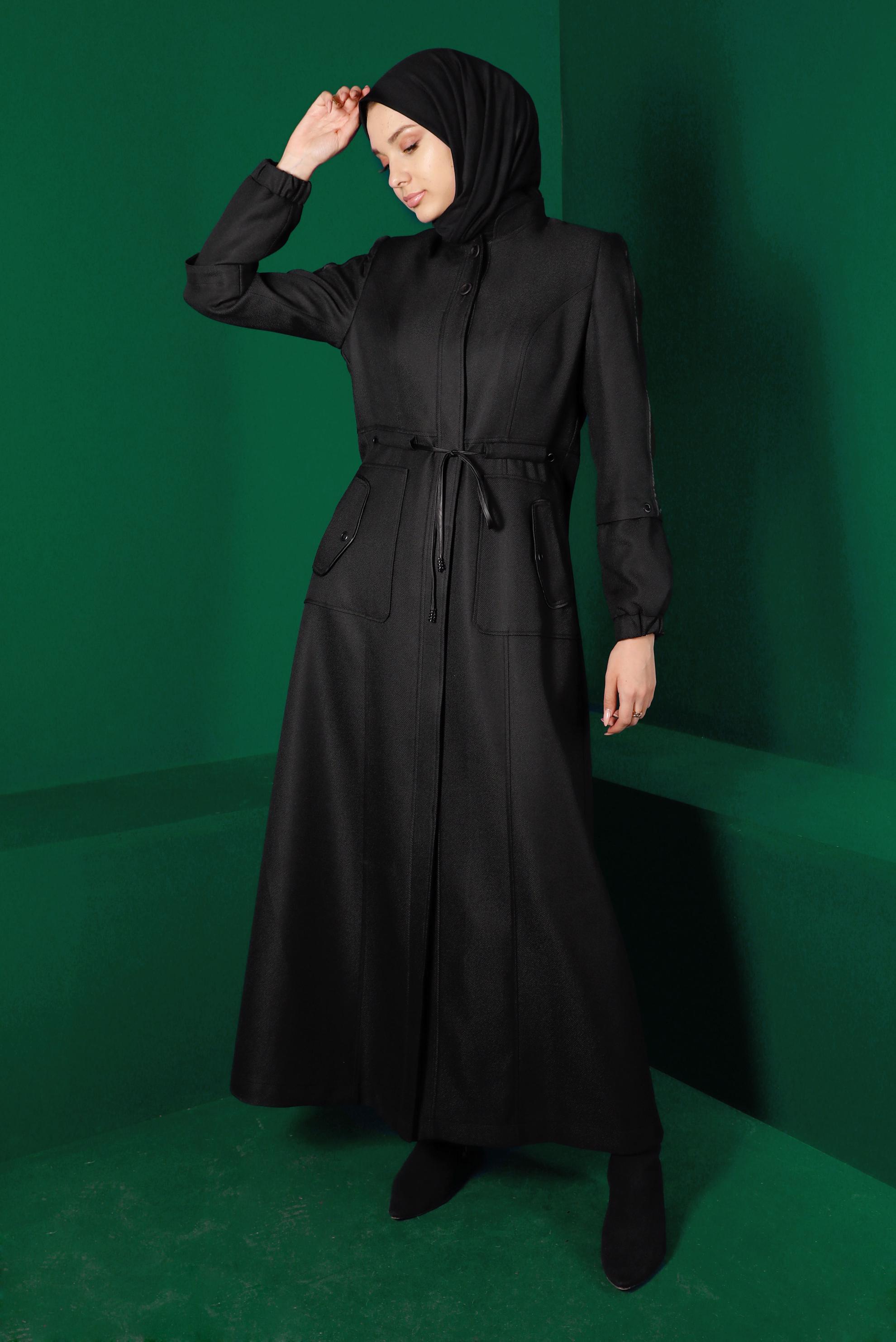 Tesettür giyim SİYAH BELİ BÜZGÜLÜ PARDESÜ 10495 