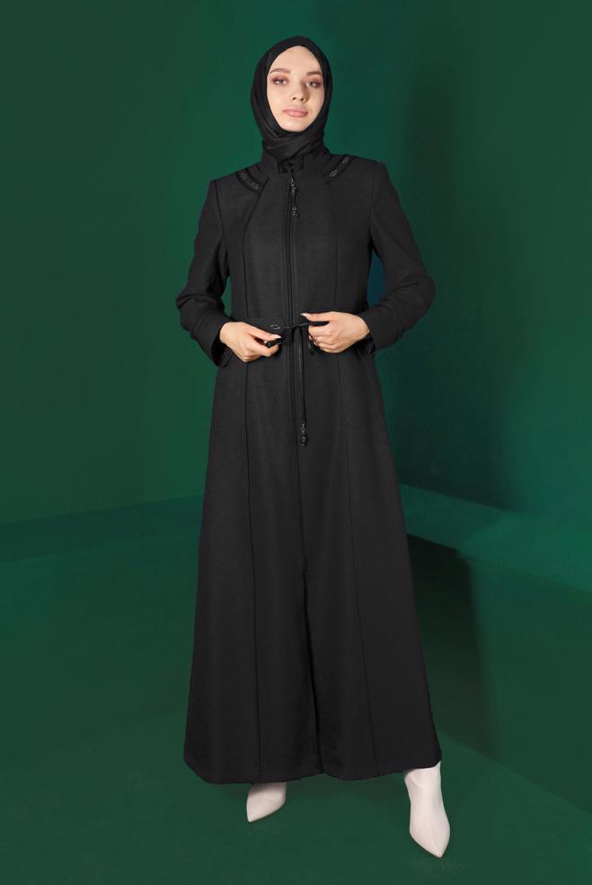 Vêtements hijab NOIR PARDESSUS CEINTURÉ ZIPPÉ 10496 - ALVİNA