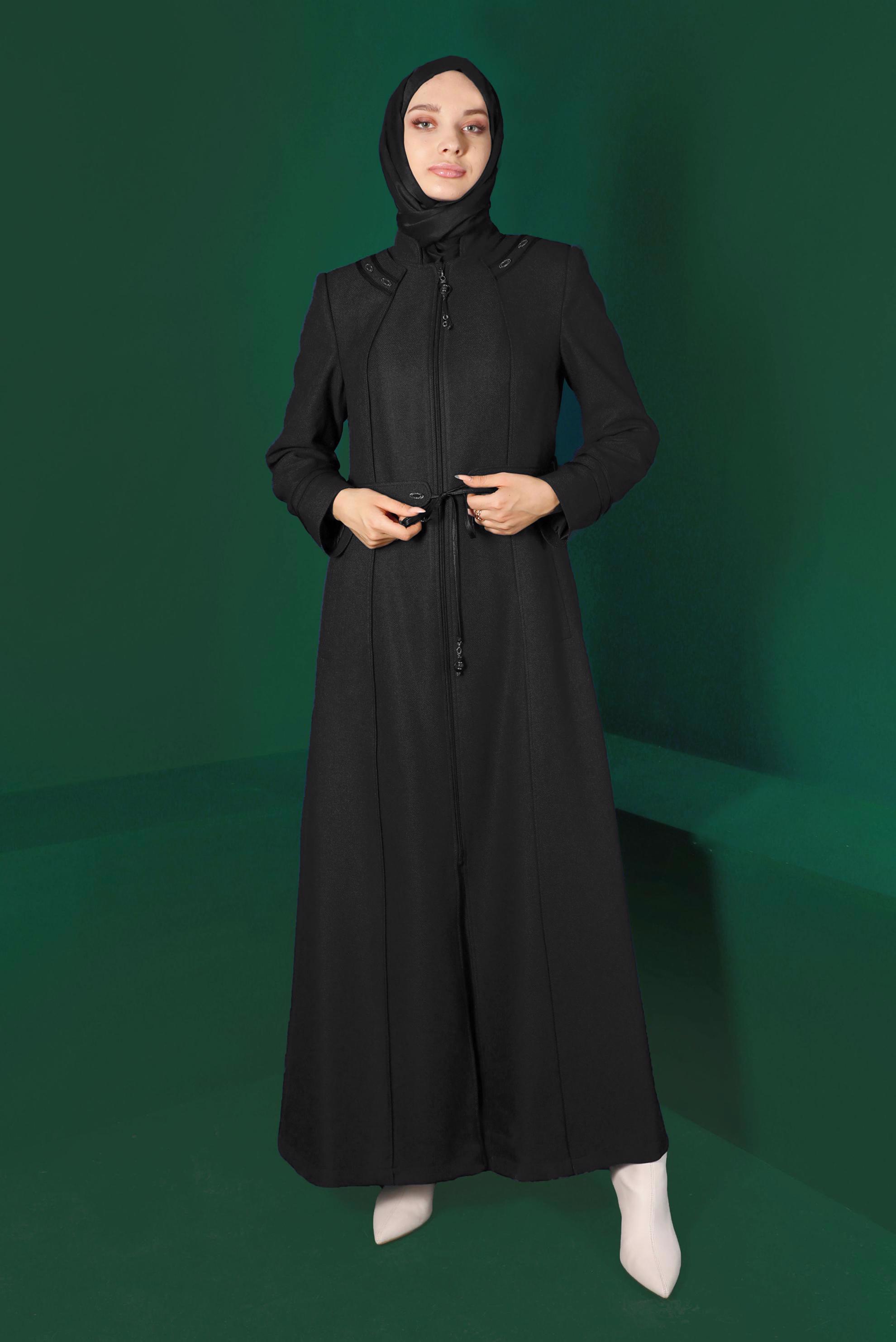 Vêtements hijab NOIR PARDESSUS CEINTURÉ ZIPPÉ 10496