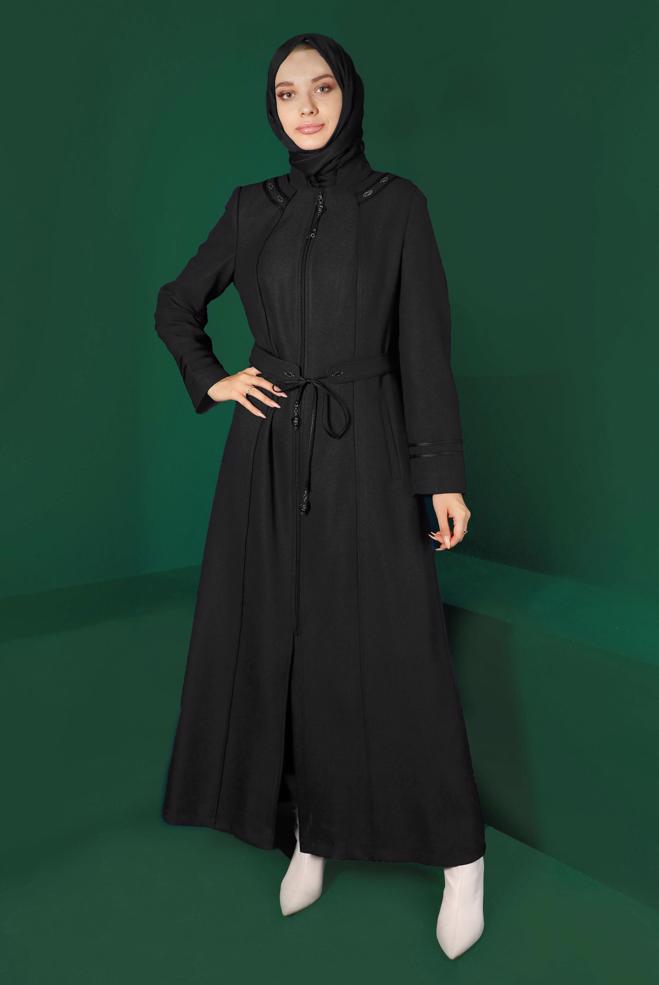 Vêtements hijab NOIR PARDESSUS CEINTURÉ ZIPPÉ 10496 - ALVİNA