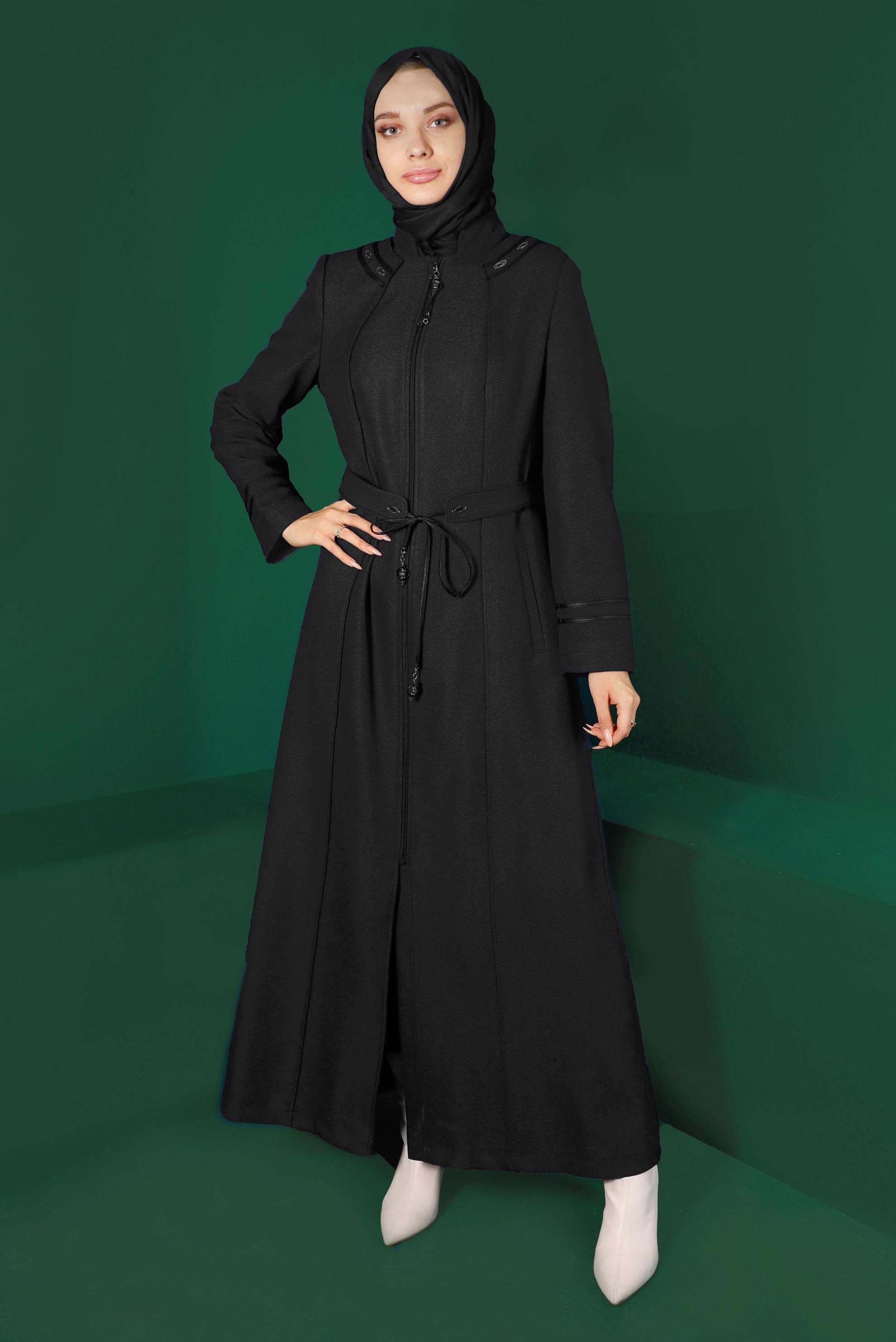 Vêtements hijab NOIR PARDESSUS CEINTURÉ ZIPPÉ 10496