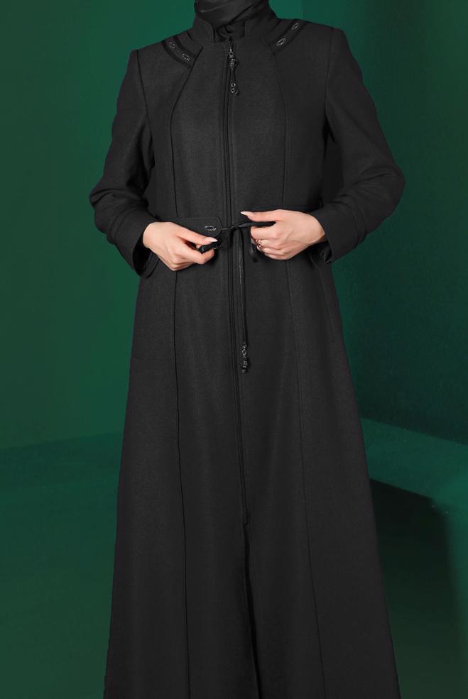 Vêtements hijab NOIR PARDESSUS CEINTURÉ ZIPPÉ 10496 - ALVİNA