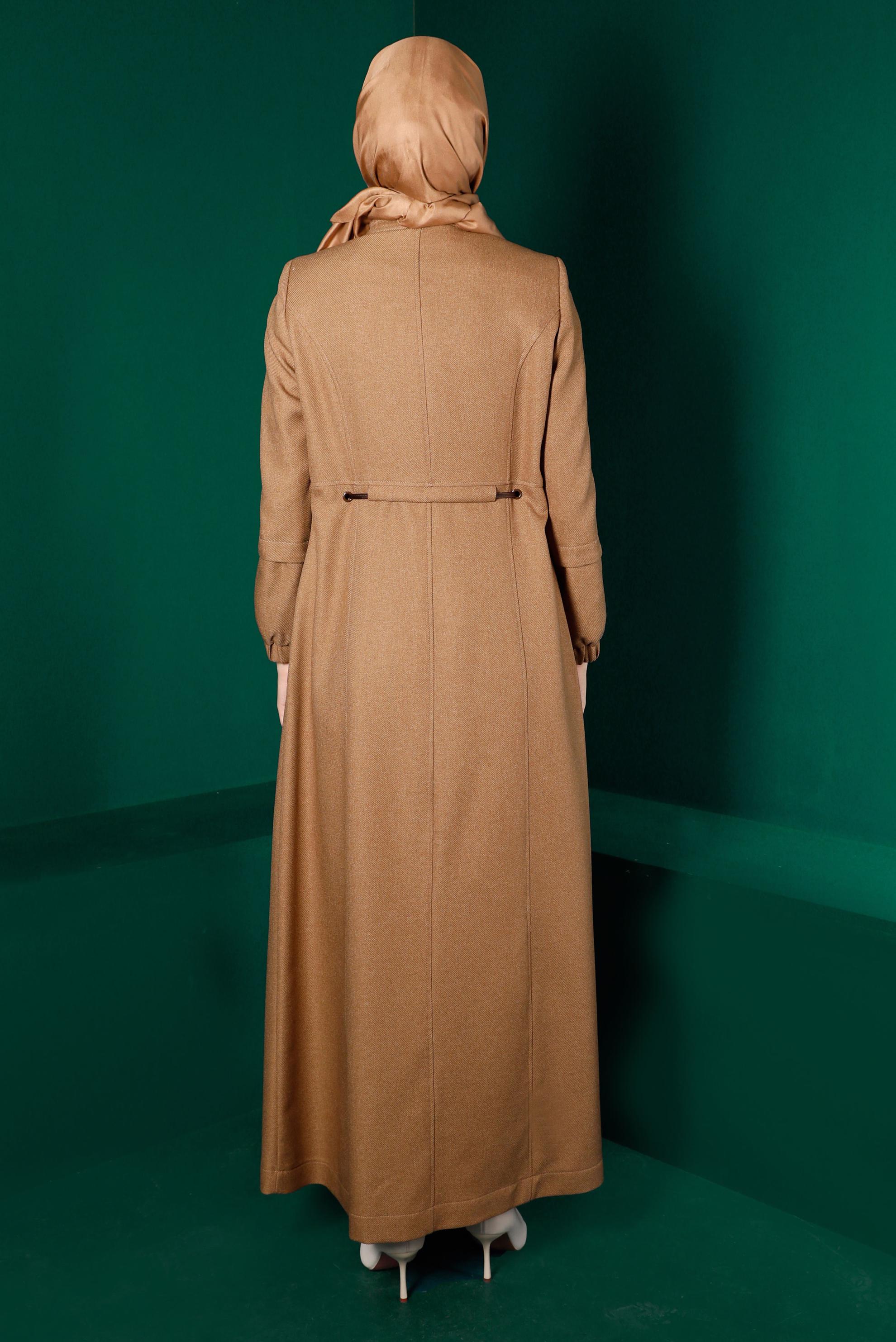 Tesettür giyim KAHVE KUŞAKLI FERMUARLI PARDESÜ 10496 