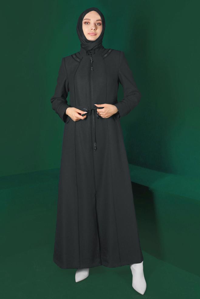 Vêtements hijab GRIS PARDESSUS CEINTURÉ ZIPPÉ 10496 - ALVİNA