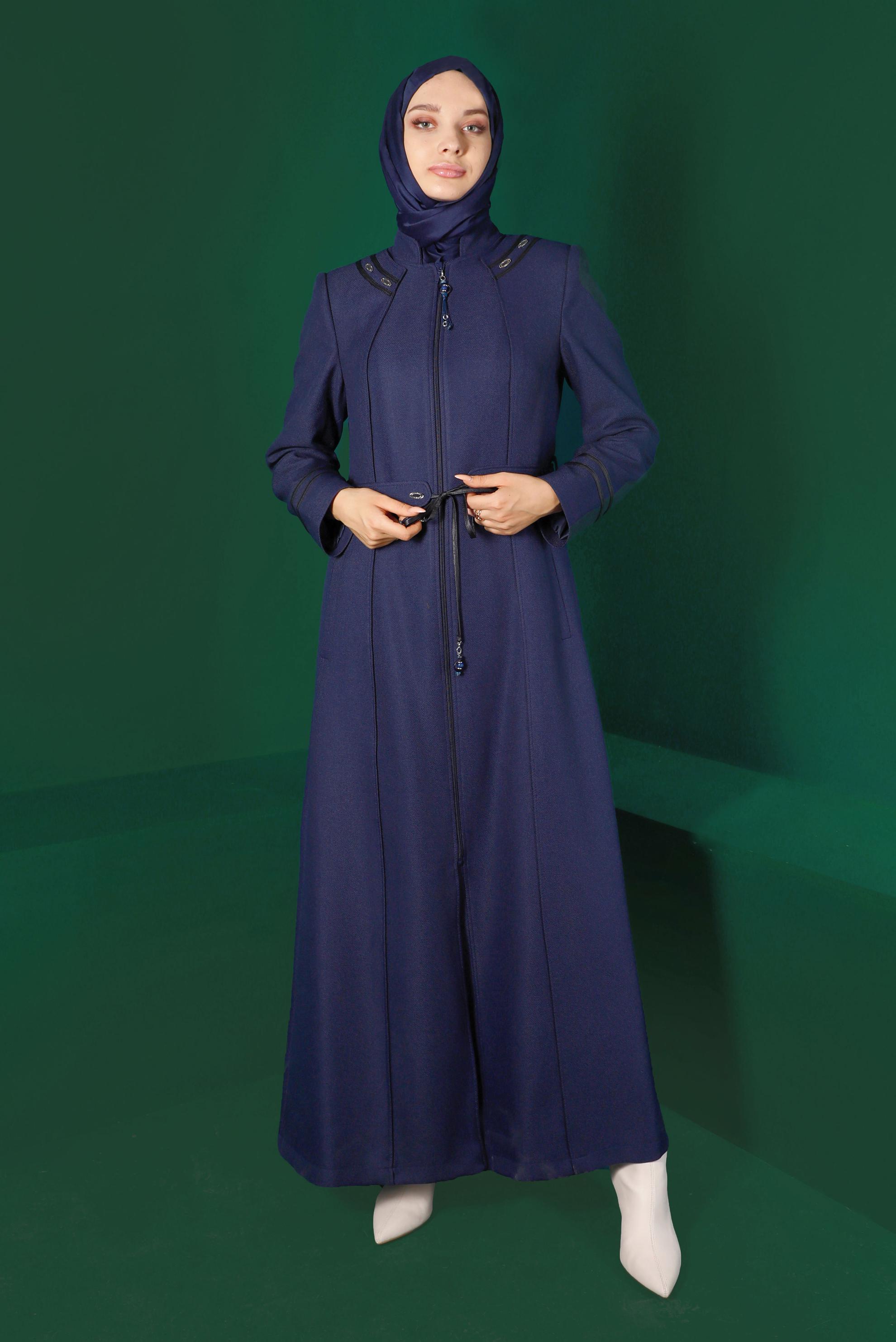 Tesettür giyim LACİVERT KUŞAKLI FERMUARLI PARDESÜ 10496 