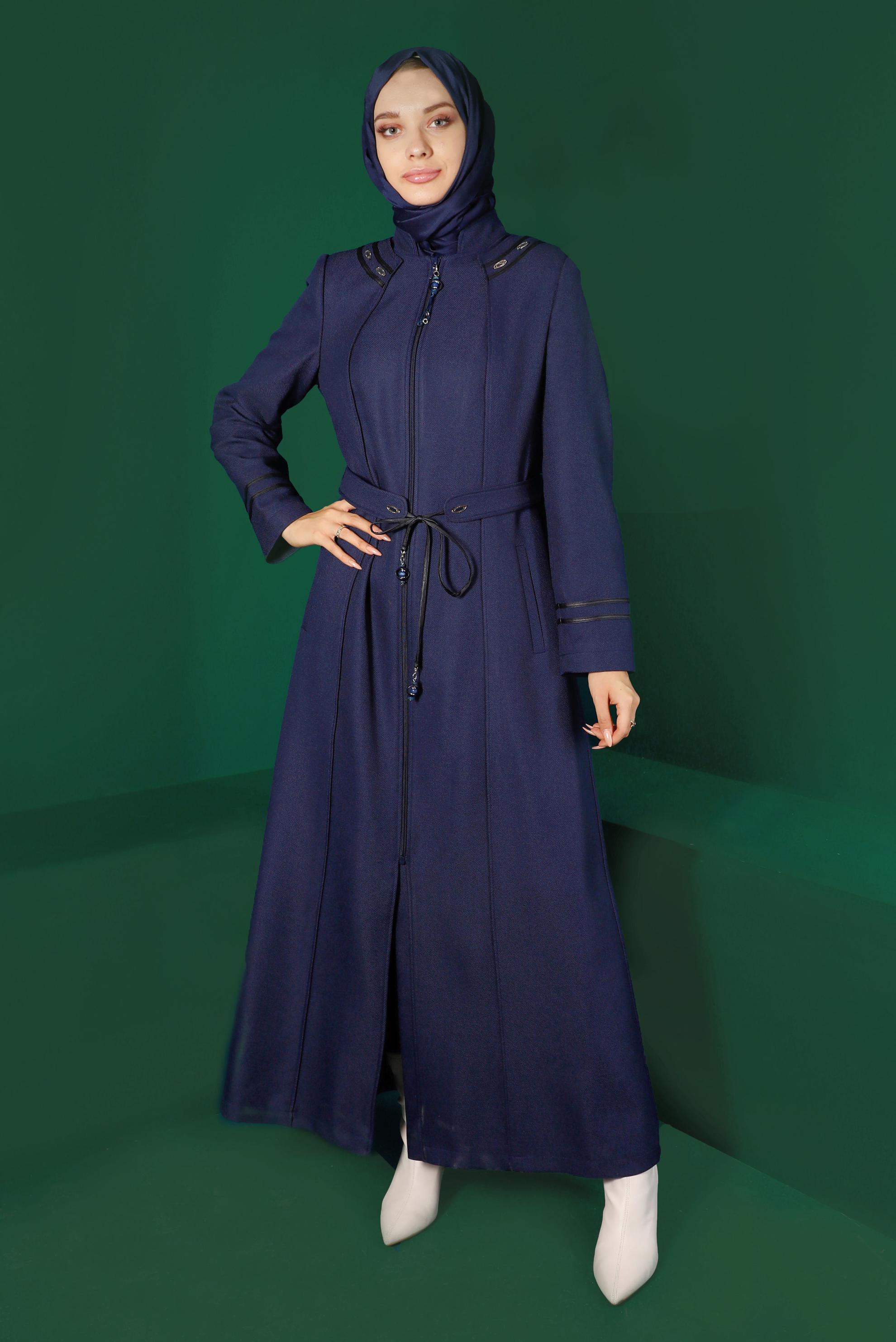 Tesettür giyim LACİVERT KUŞAKLI FERMUARLI PARDESÜ 10496 