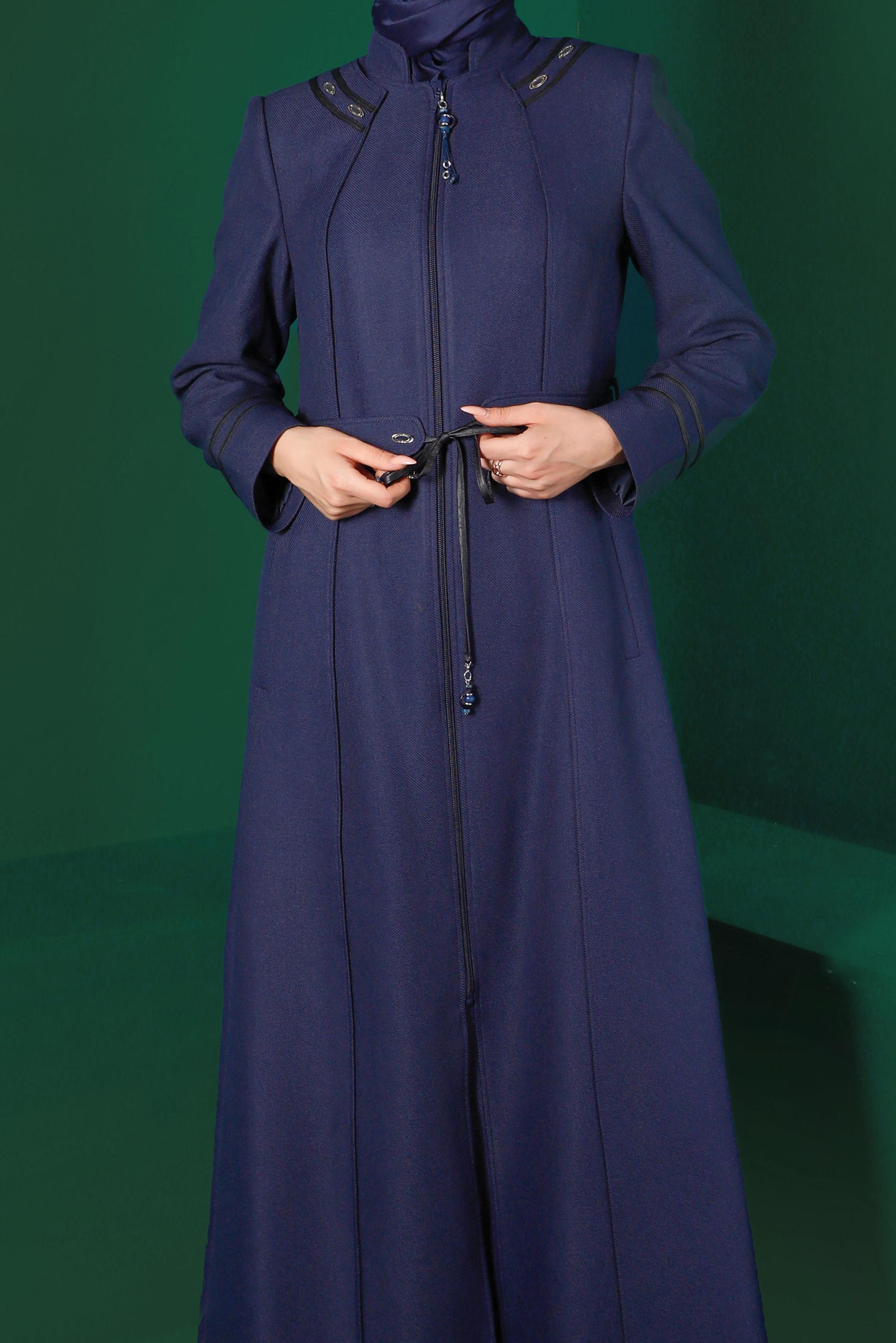 Tesettür giyim LACİVERT KUŞAKLI FERMUARLI PARDESÜ 10496 