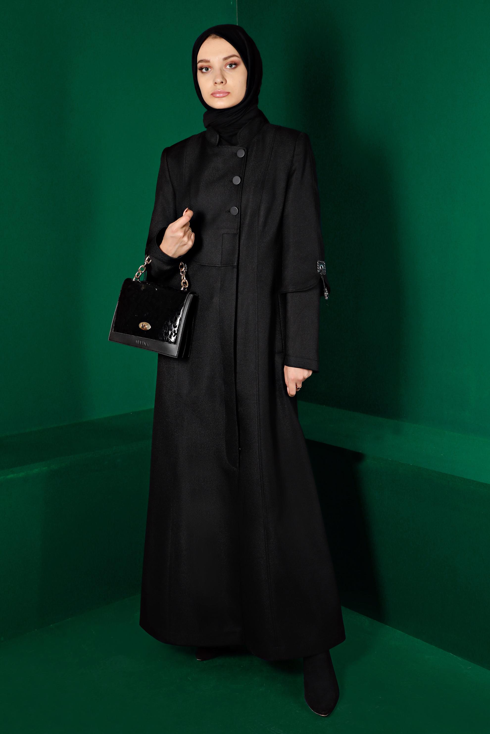 Tesettür giyim SİYAH DÜĞMELİ HAKİM YAKA PARDESÜ 10499 
