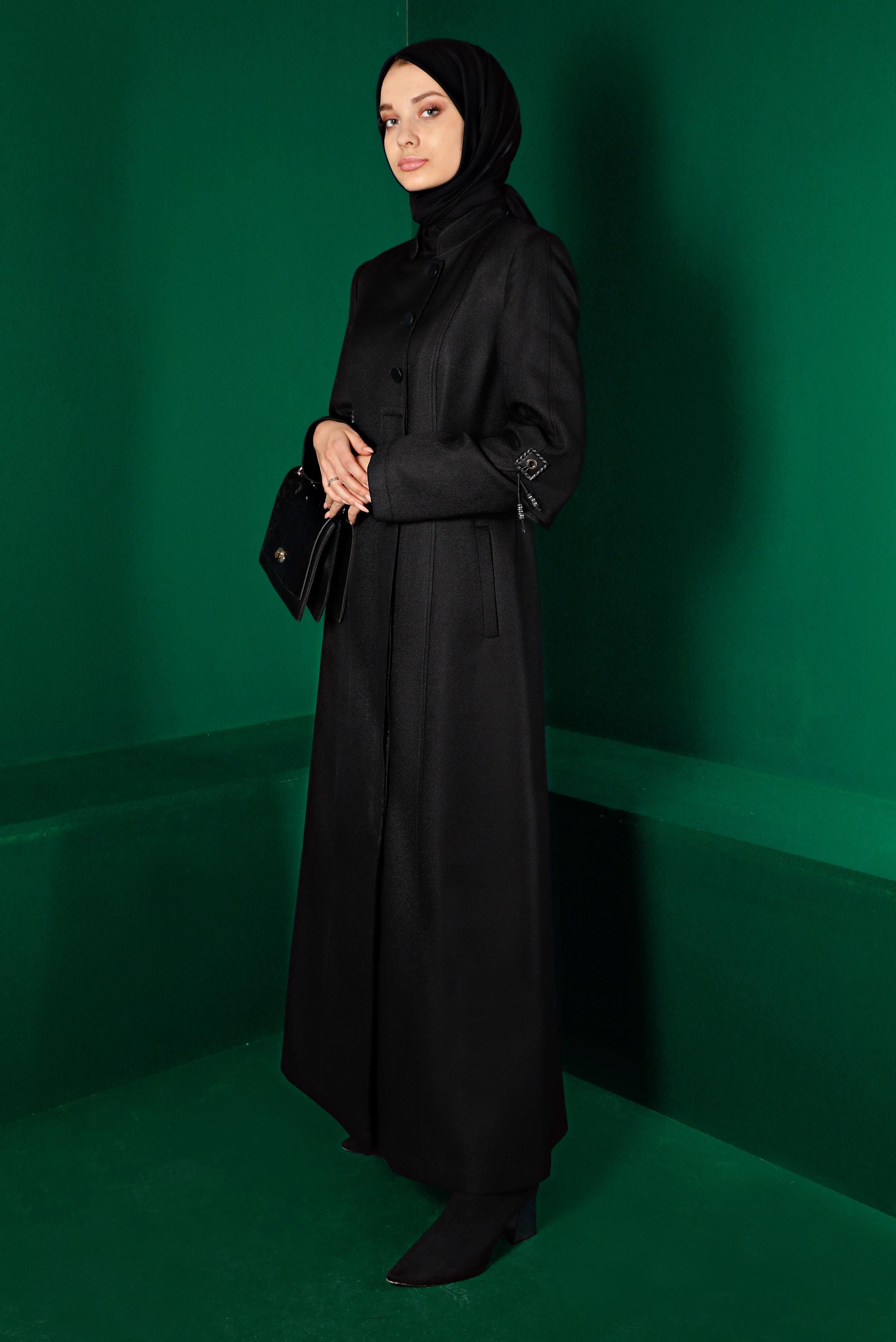Tesettür giyim SİYAH DÜĞMELİ HAKİM YAKA PARDESÜ 10499 