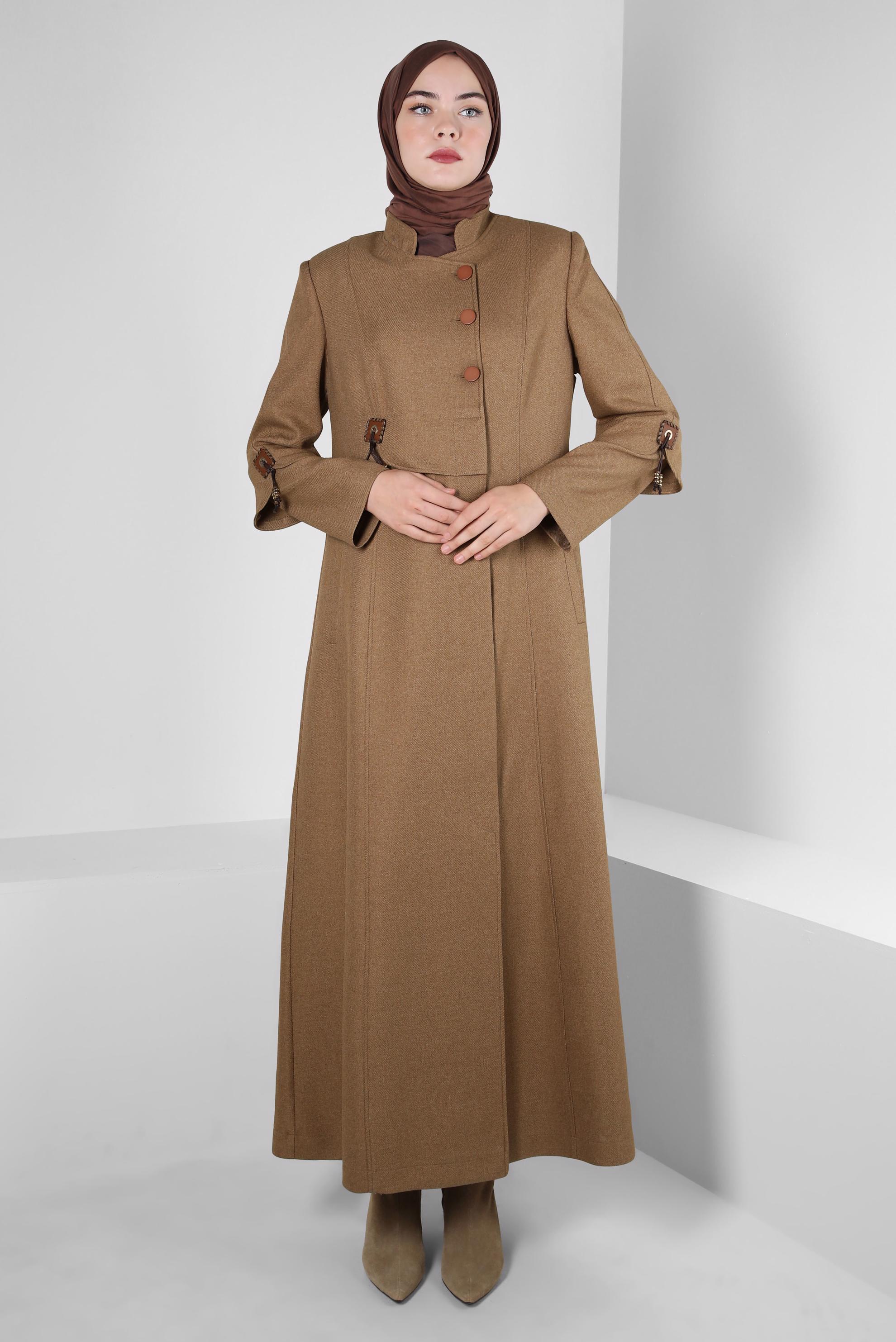 Tesettür giyim KAHVE DÜĞMELİ HAKİM YAKA PARDESÜ 10499 