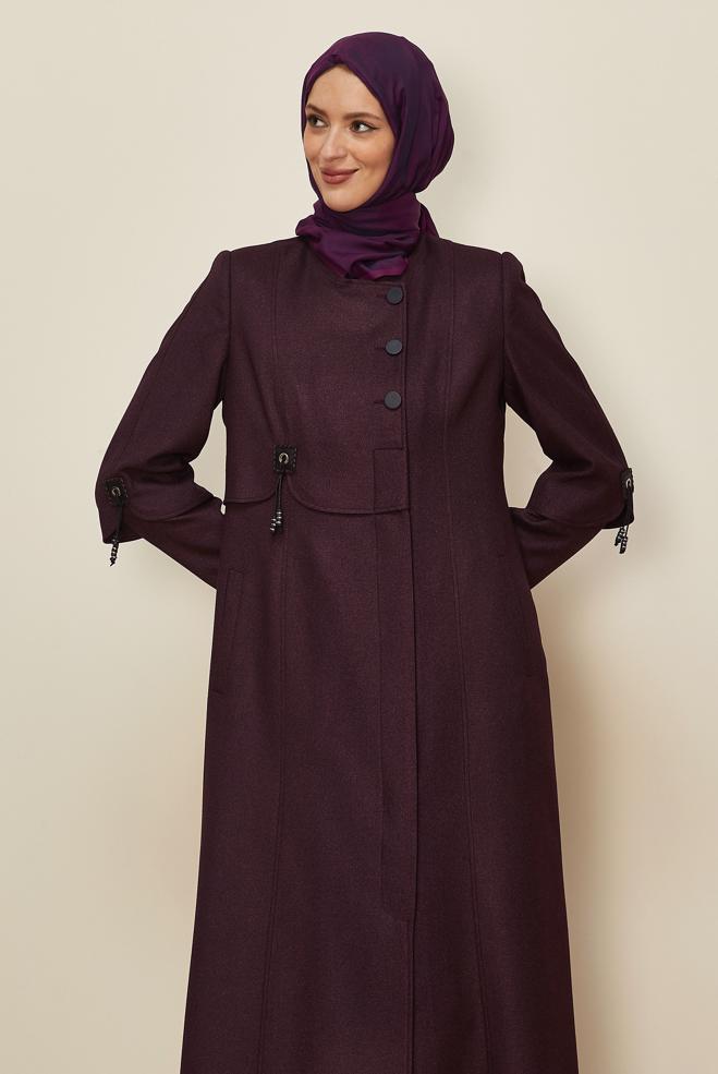 Vêtements hijab PRUNE PARDESSUS COL MANDARINE BOUTONS 10499 - ALVİNA