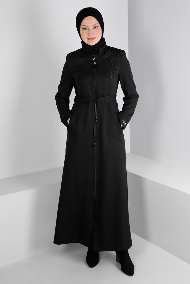 Vêtements hijab NOIR DÉTAIL DE BRODERIE ZIPPÉ PARDESSUS 10650 - ALVİNA