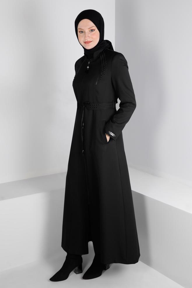 Vêtements hijab NOIR DÉTAIL DE BRODERIE ZIPPÉ PARDESSUS 10650 - ALVİNA