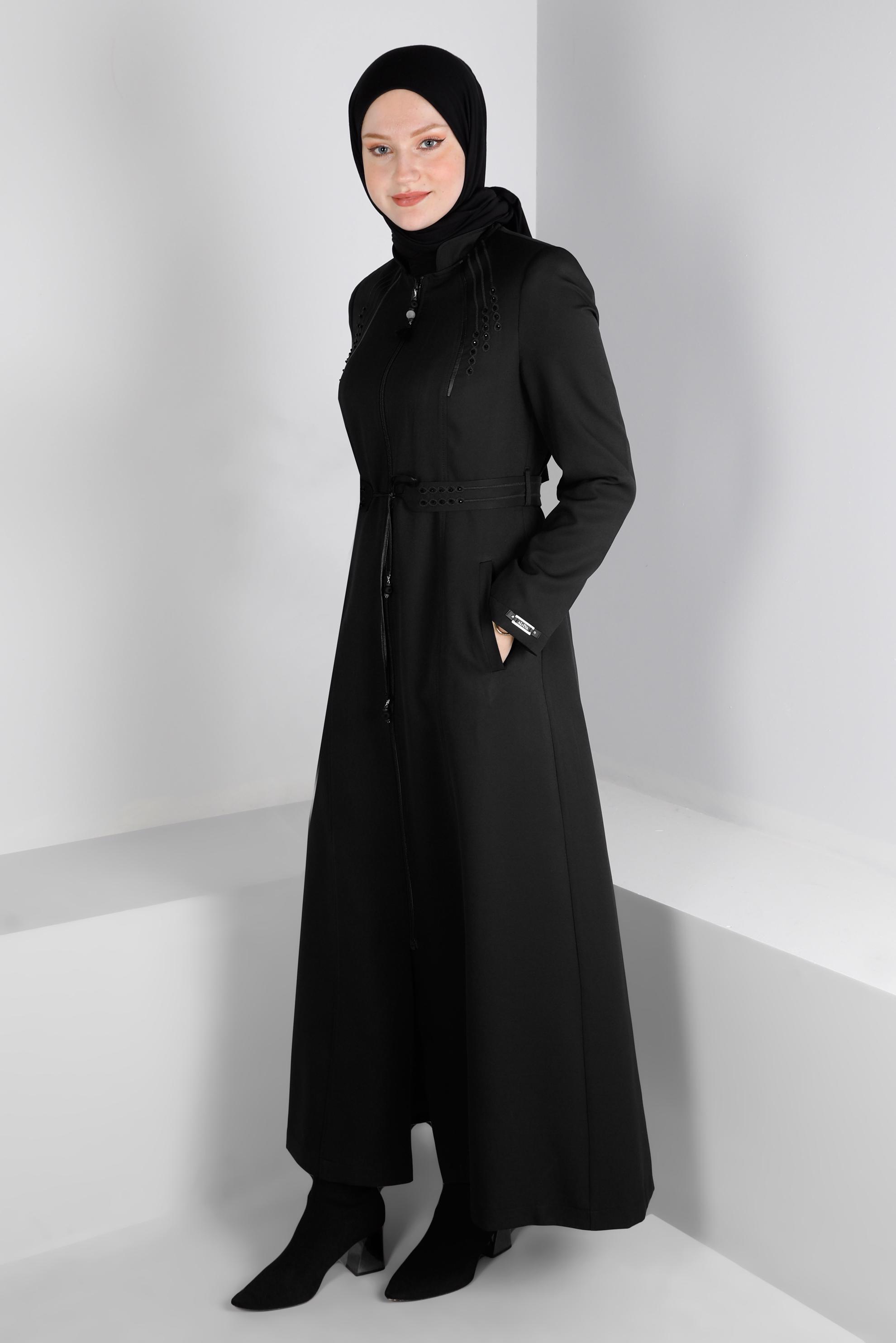 Vêtements hijab NOIR DÉTAIL DE BRODERIE ZIPPÉ PARDESSUS 10650