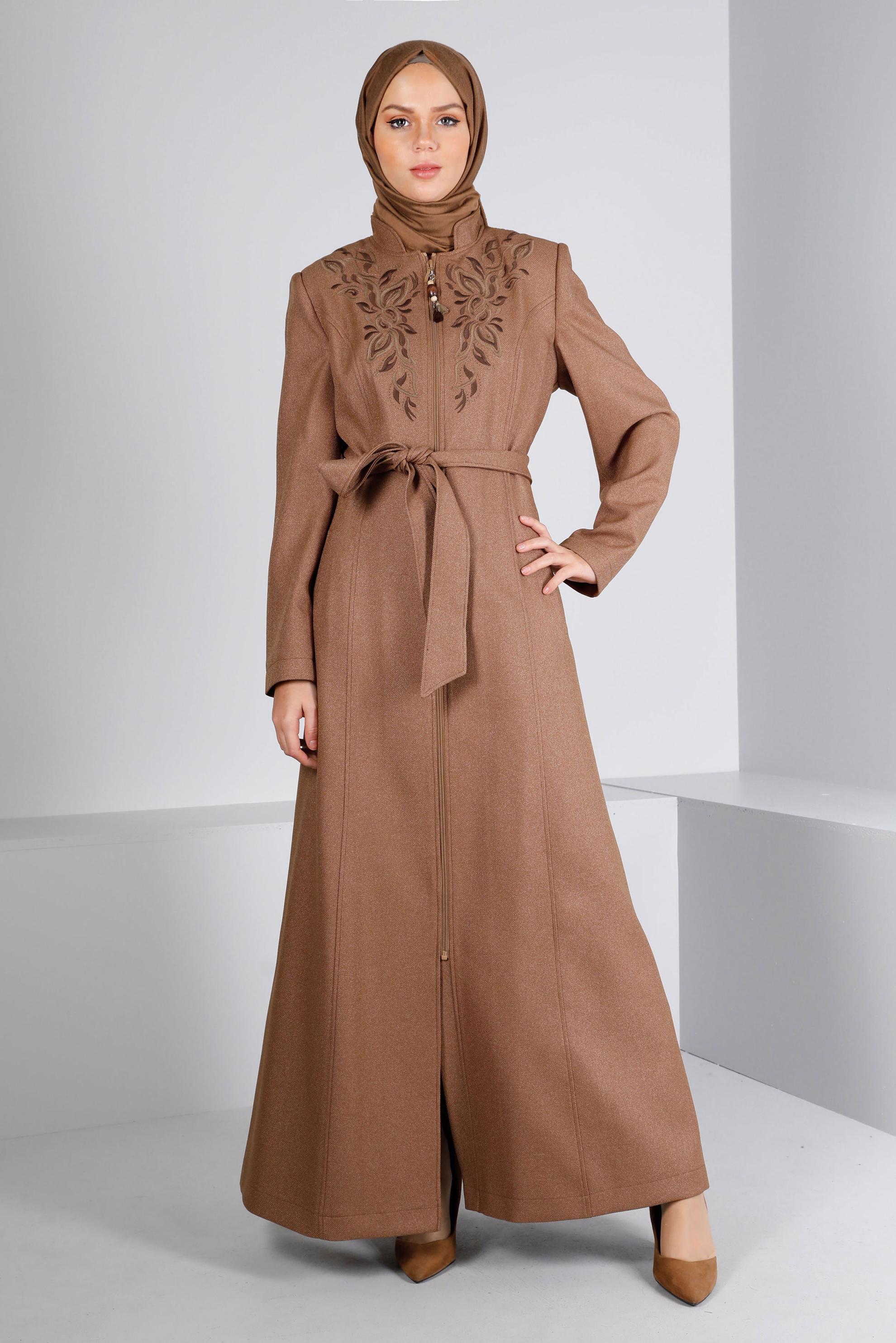 Tesettür giyim SARI KUŞAKLI FERMUARLI PARDESÜ 10651