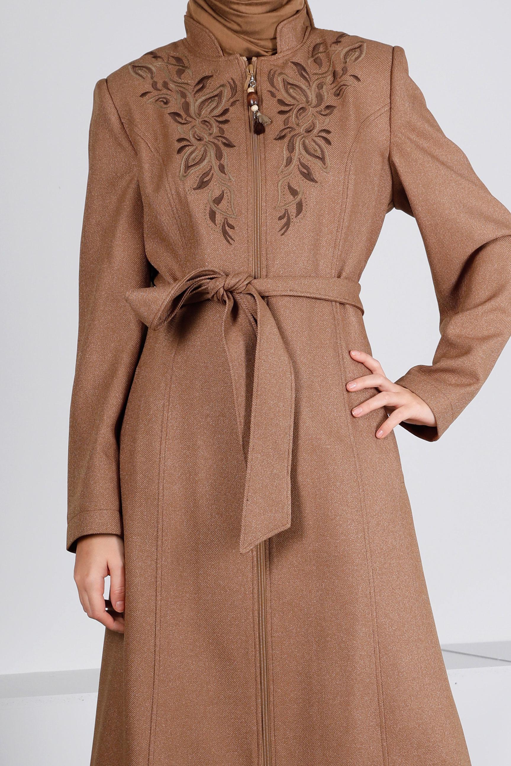 Tesettür giyim SARI KUŞAKLI FERMUARLI PARDESÜ 10651