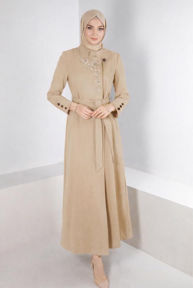 Hijab clothing BEIGE FLOWER EMBROIDERED BELTED TOPCOAT 10652 - ALVİNA