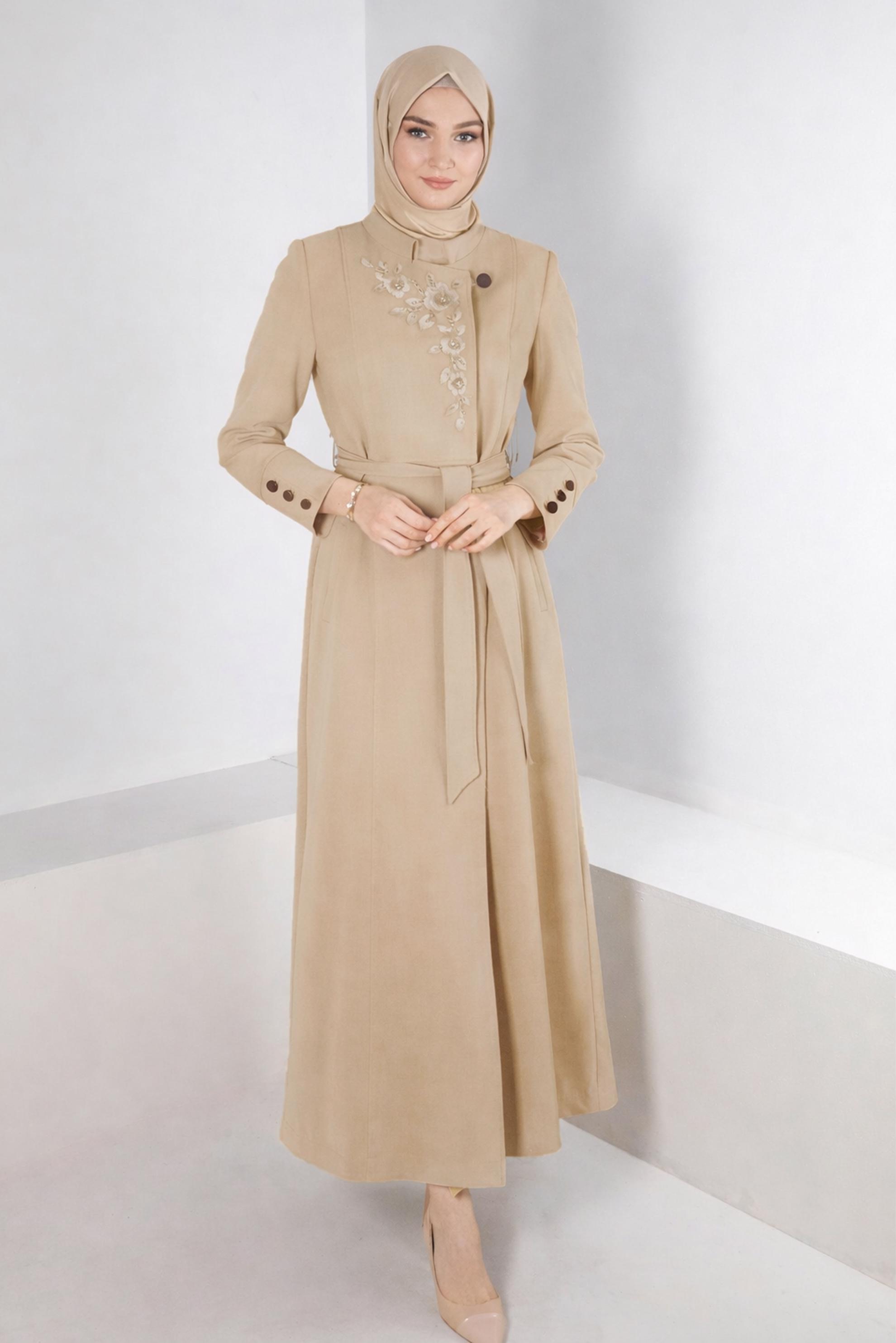 Hijab clothing BEIGE FLOWER EMBROIDERED BELTED TOPCOAT 10652