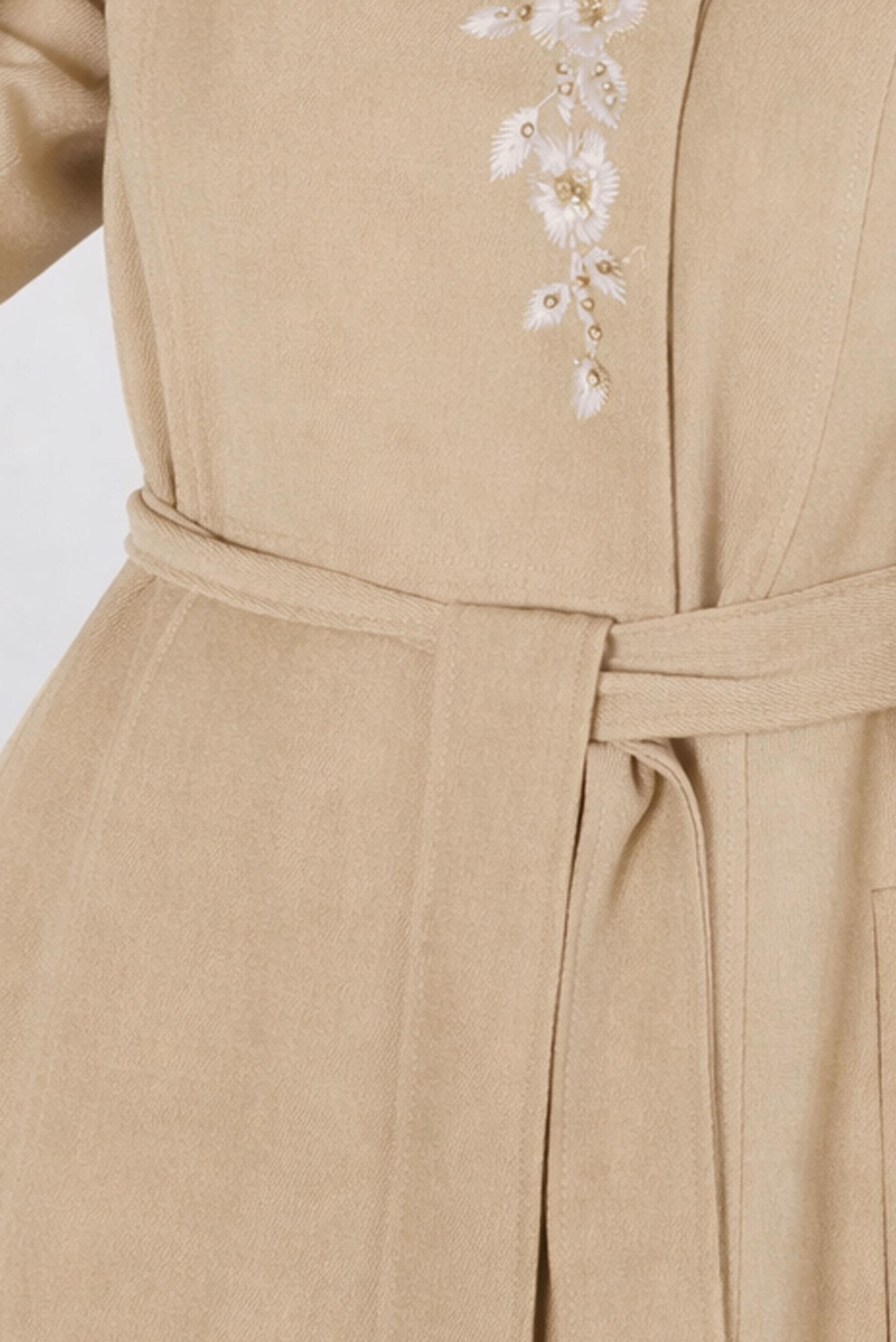 Hijab clothing BEIGE FLOWER EMBROIDERED BELTED TOPCOAT 10652