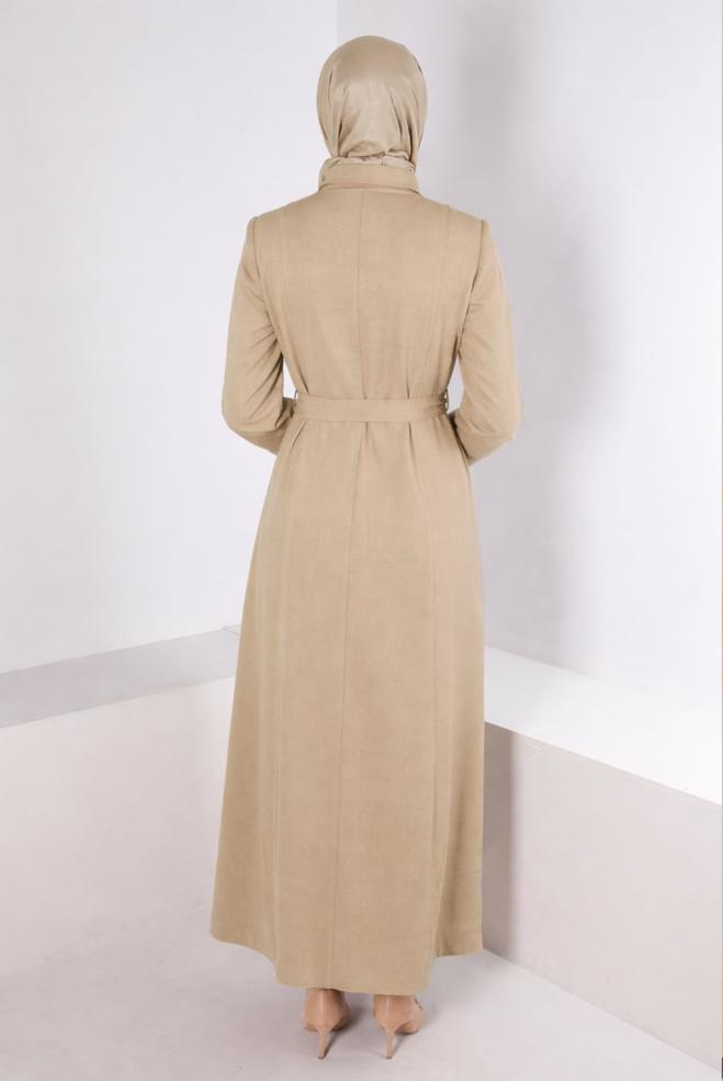Hijab clothing BEIGE FLOWER EMBROIDERED BELTED TOPCOAT 10652 - ALVİNA