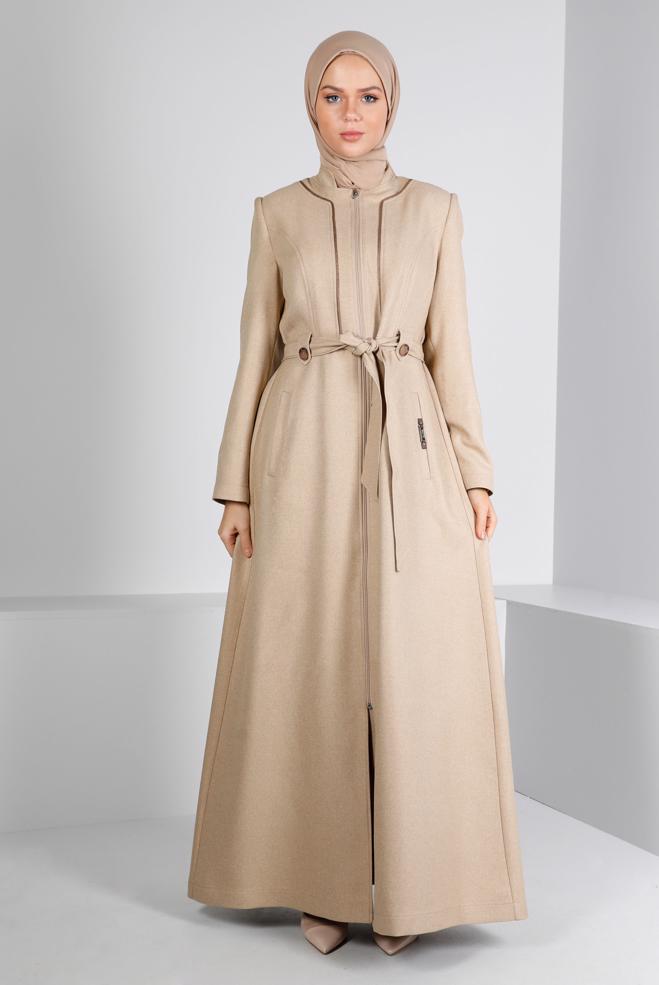 Vêtements hijab BEIGE PARDESSUS ZIPPÉ IMPRIMÉ 10653 - ALVİNA