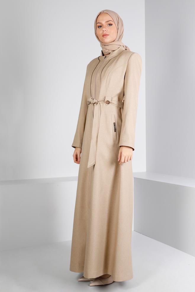 Vêtements hijab BEIGE PARDESSUS ZIPPÉ IMPRIMÉ 10653 - ALVİNA
