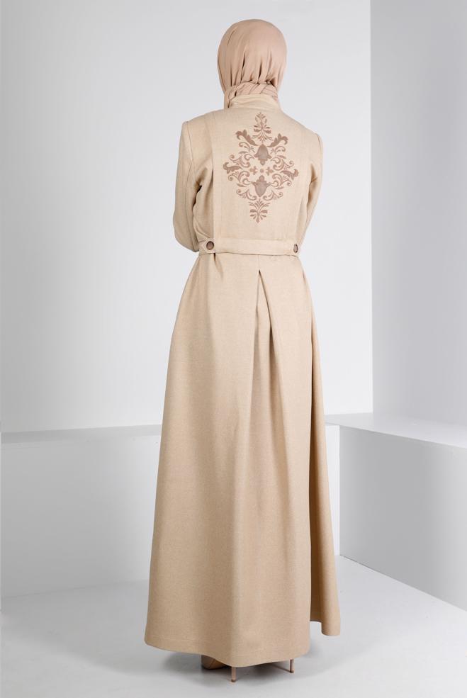 Vêtements hijab BEIGE PARDESSUS ZIPPÉ IMPRIMÉ 10653 - ALVİNA