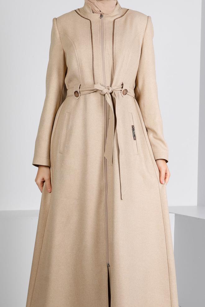 Vêtements hijab BEIGE PARDESSUS ZIPPÉ IMPRIMÉ 10653 - ALVİNA