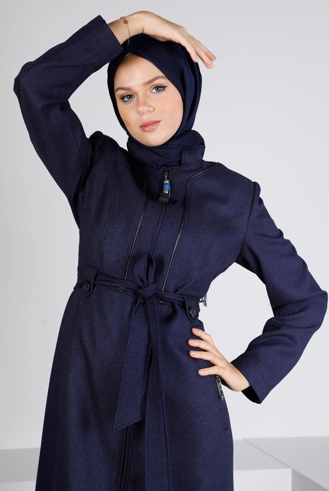 Vêtements hijab BLEU MARINE PARDESSUS ZIPPÉ IMPRIMÉ 10653 - ALVİNA