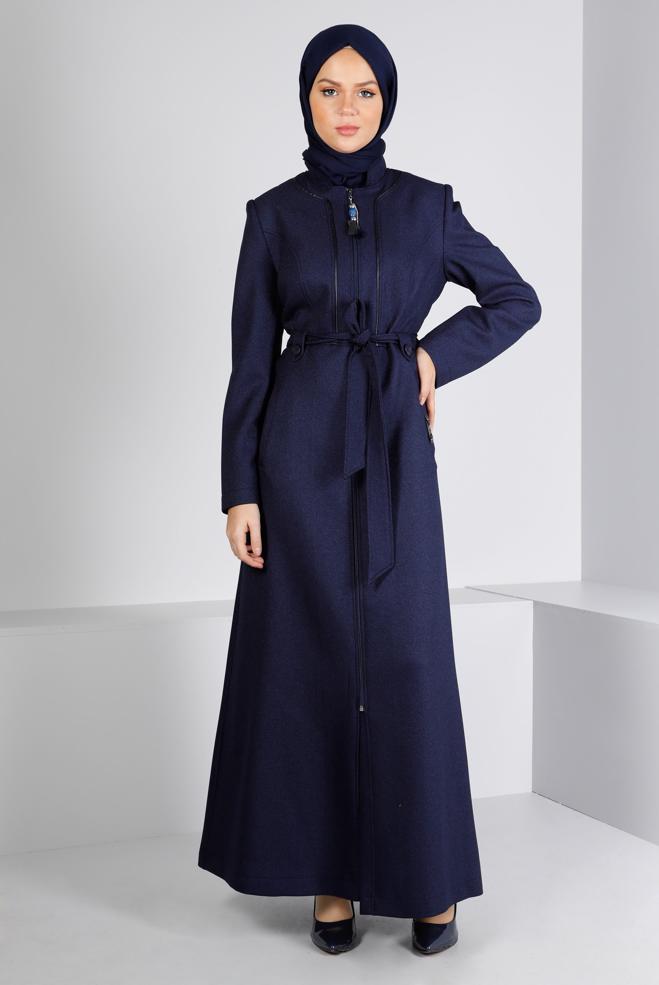 Vêtements hijab BLEU MARINE PARDESSUS ZIPPÉ IMPRIMÉ 10653 - ALVİNA